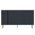 Modern Sideboard Mdf Buffet Cabinet Marble Sticker Tabletop And Amber Yellow Tempered Glass Doors With Gold Metal Legs & Handles Navy Blue Navy Blue Mdf Glass