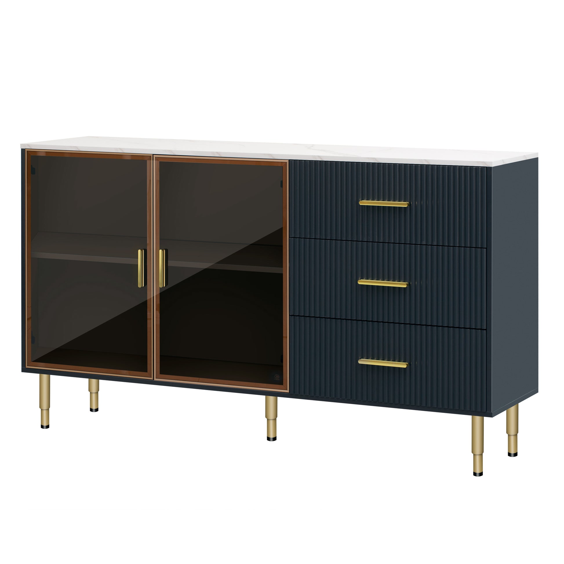 Modern Sideboard Mdf Buffet Cabinet Marble Sticker Tabletop And Amber Yellow Tempered Glass Doors With Gold Metal Legs & Handles Navy Blue Navy Blue Mdf Glass