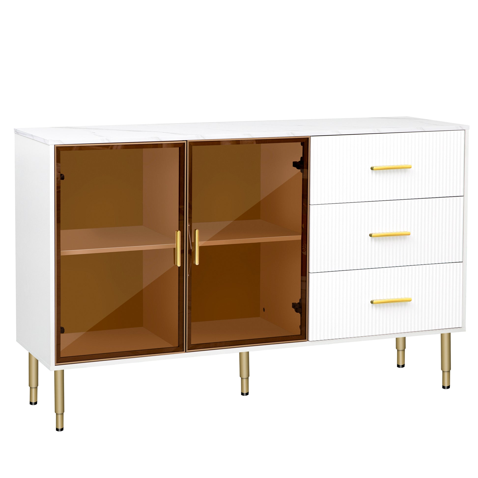 Modern Sideboard Mdf Buffet Cabinet Marble Sticker Tabletop And Amber Yellow Tempered Glass Doors With Gold Metal Legs & Handles White White Mdf Glass