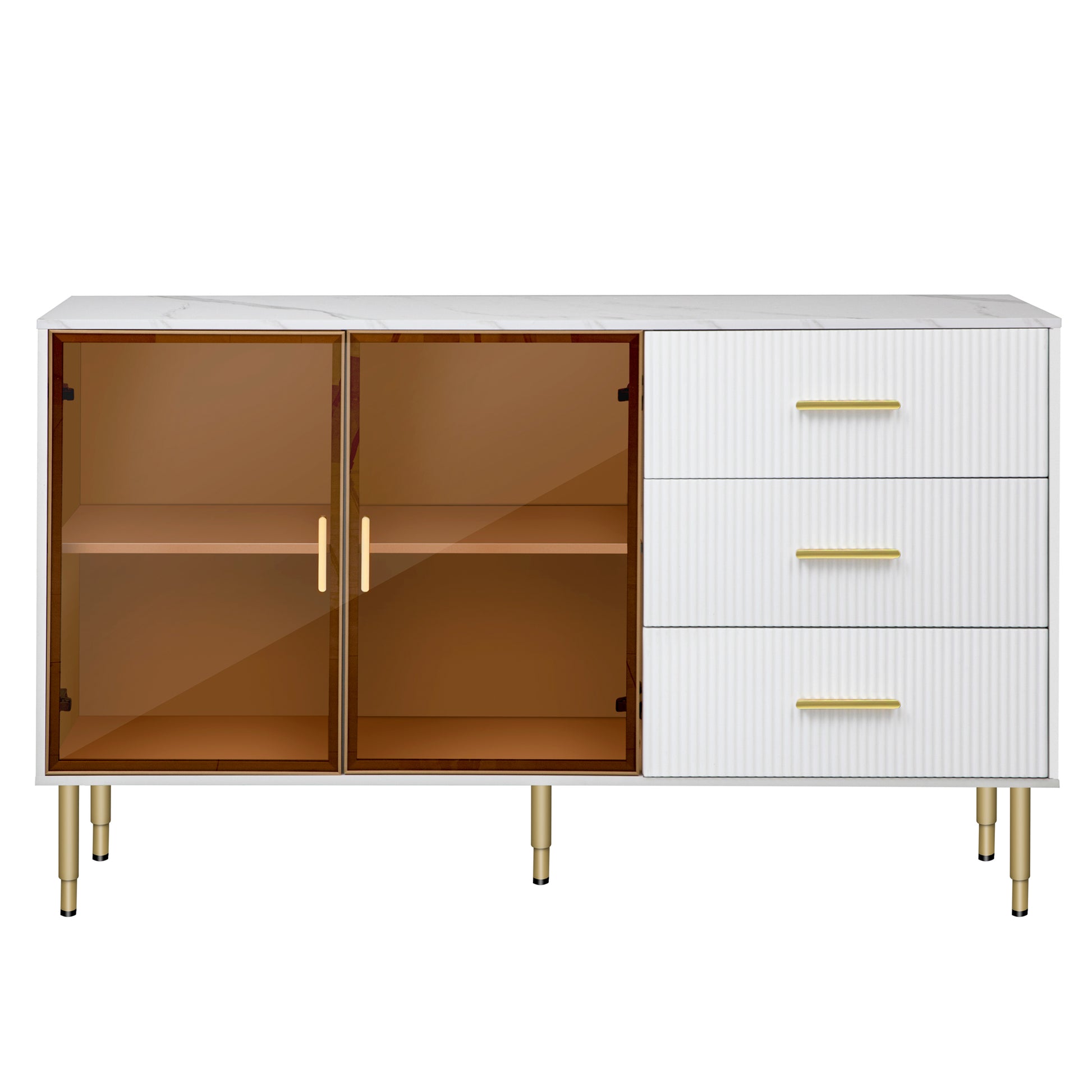 Modern Sideboard Mdf Buffet Cabinet Marble Sticker Tabletop And Amber Yellow Tempered Glass Doors With Gold Metal Legs & Handles White White Mdf Glass