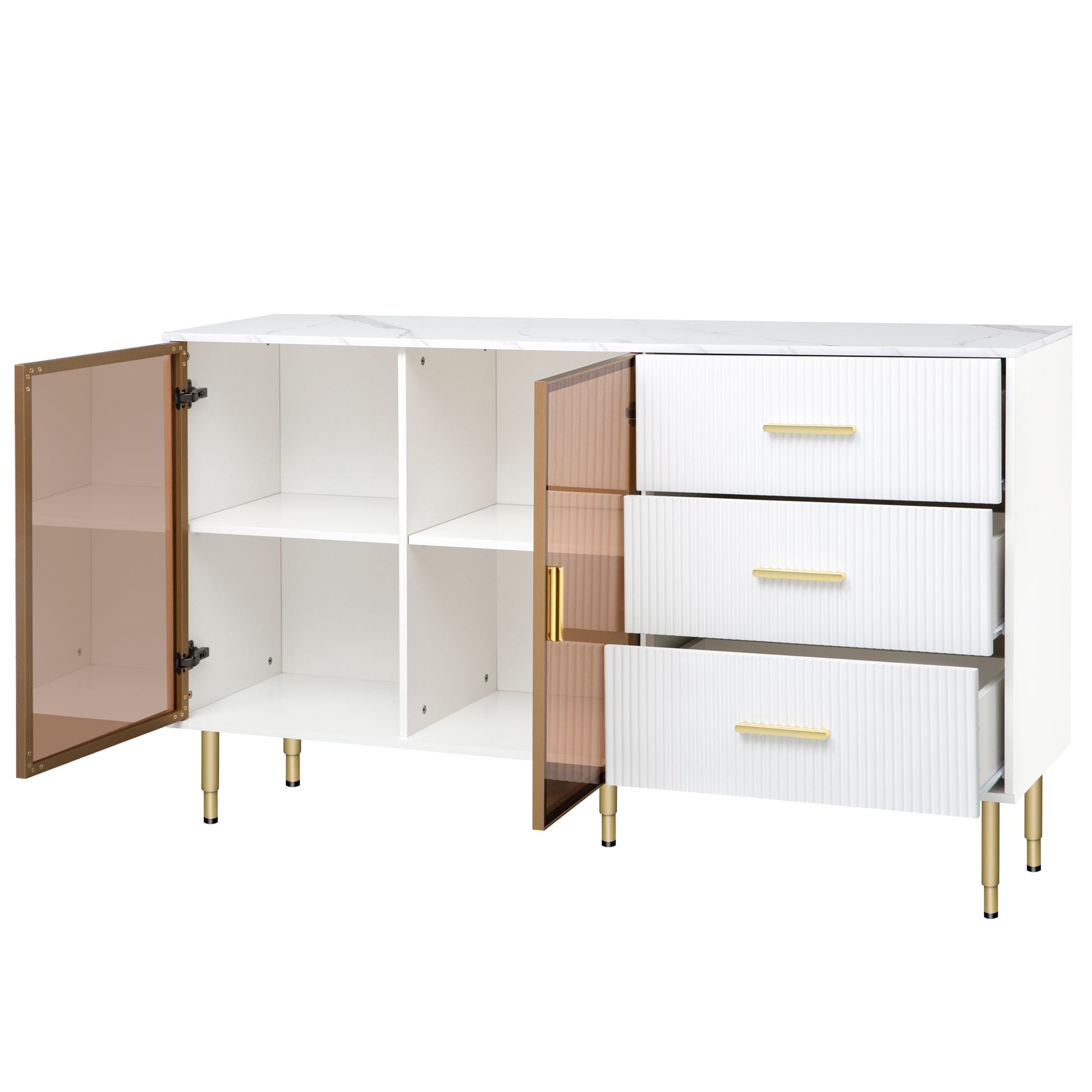 Modern Sideboard Mdf Buffet Cabinet Marble Sticker Tabletop And Amber Yellow Tempered Glass Doors With Gold Metal Legs & Handles White White Mdf Glass