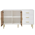 Modern Sideboard Mdf Buffet Cabinet Marble Sticker Tabletop And Amber Yellow Tempered Glass Doors With Gold Metal Legs & Handles White White Mdf Glass