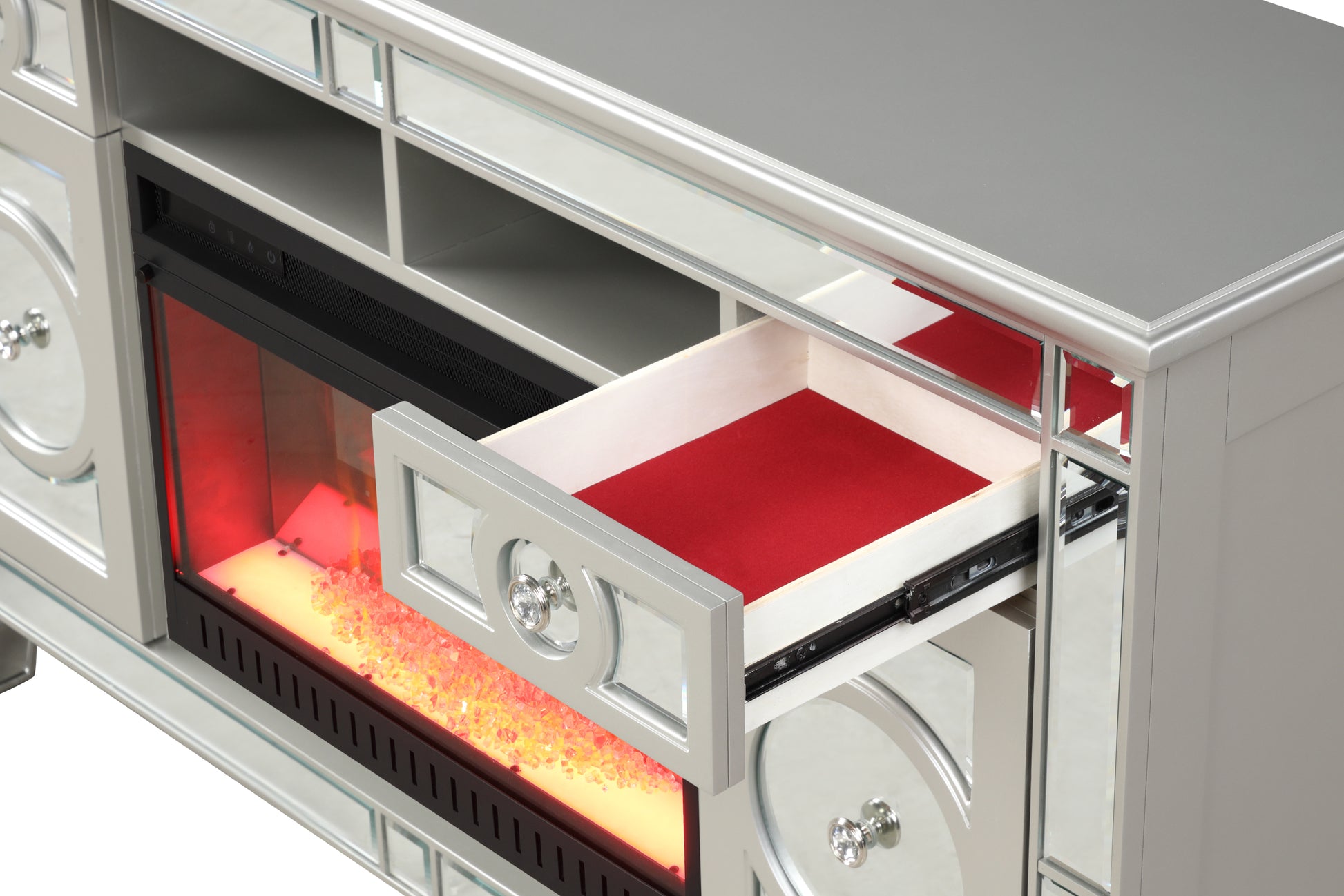 Symphony Tv Stand With Electric Fireplace In Silver Silver Solid Wood