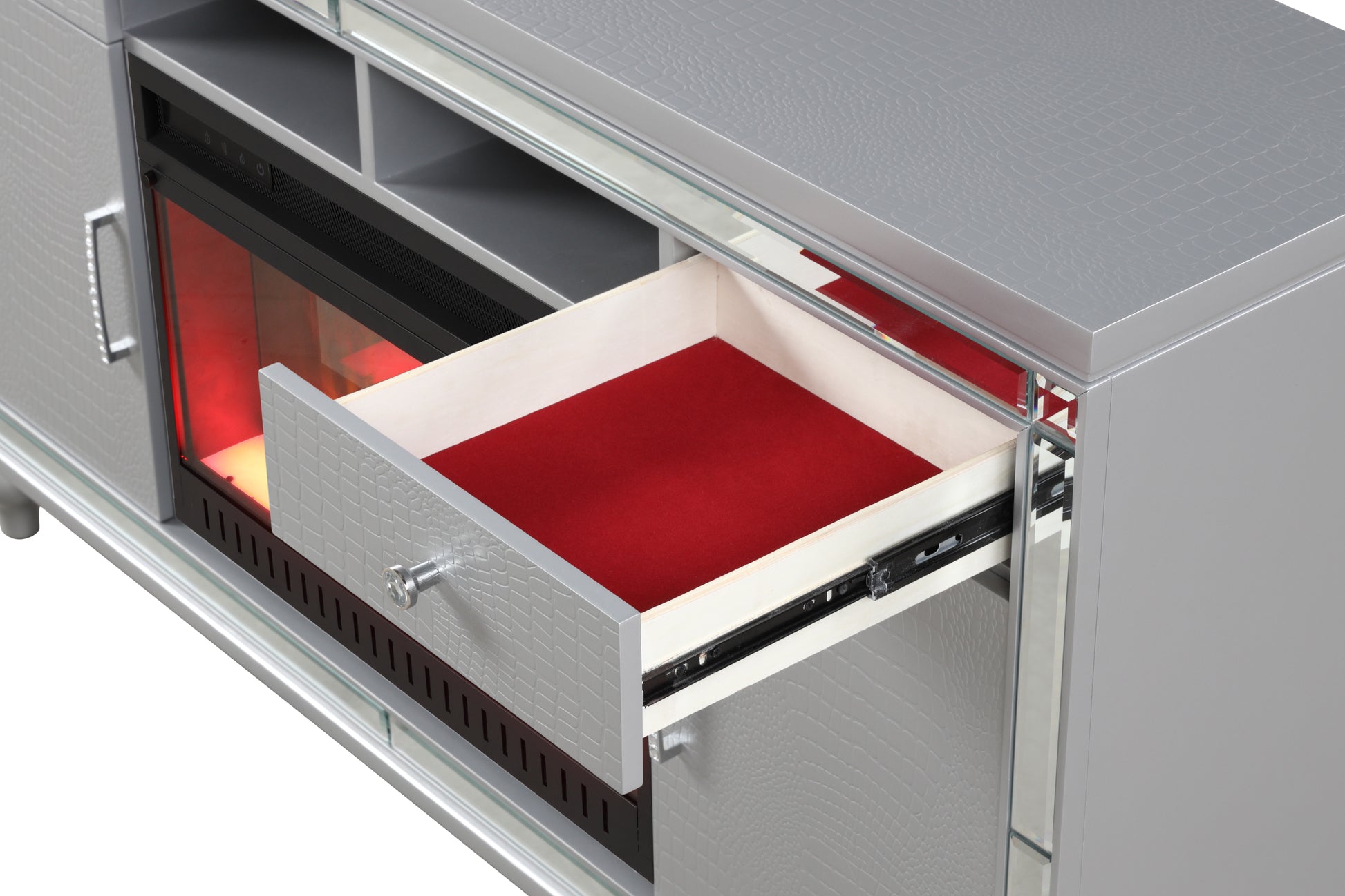 Sterling Tv Stand With Electric Fireplace In Silver Silver Solid Wood