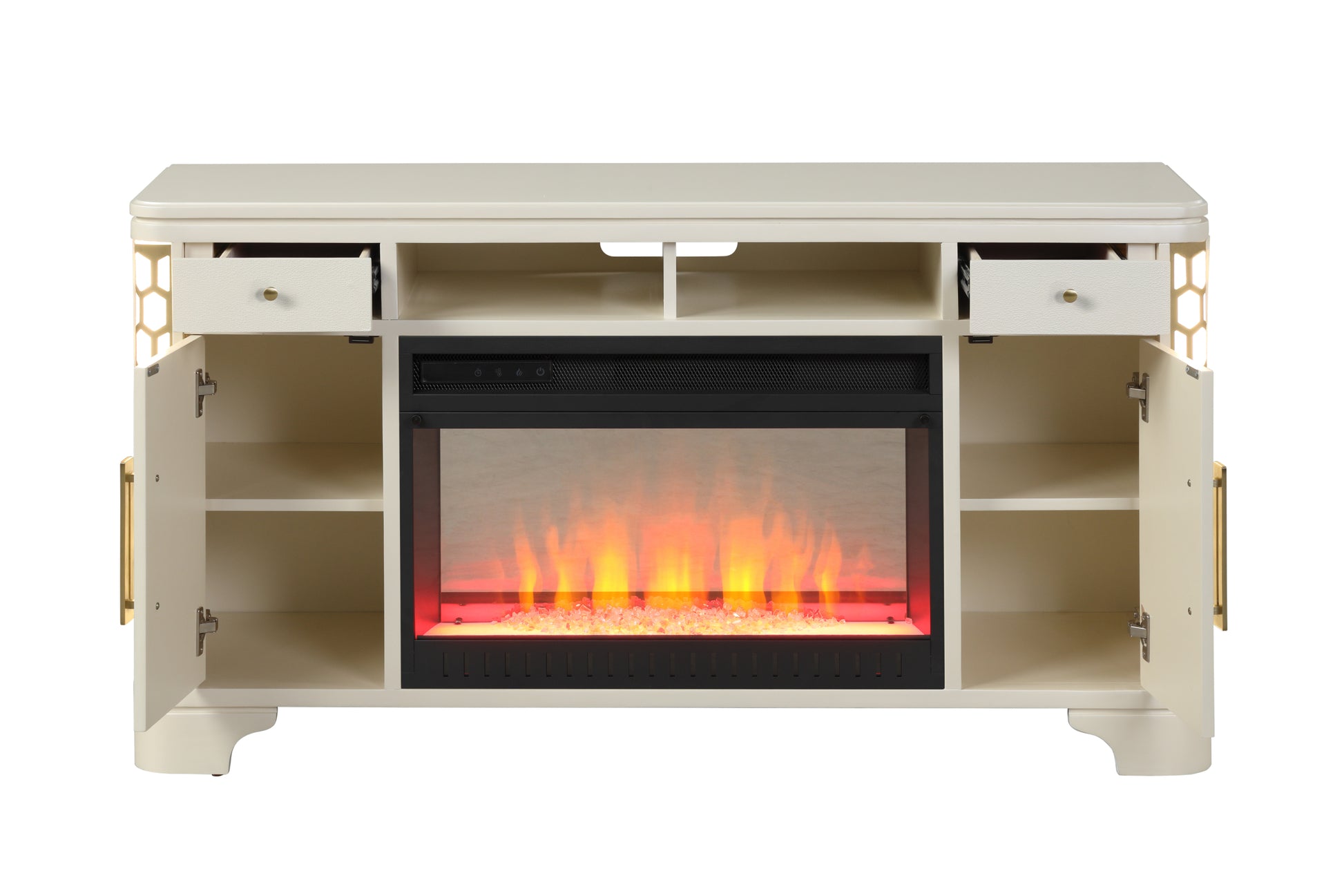 Jasmine Tv Stand With Electric Fireplace In Beige Beige Primary Living Space Modern Acacia Upholstered Wood Electric