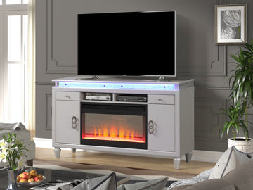 Perla Tv Stand With Electric Fireplace In Milky White White Solid Wood