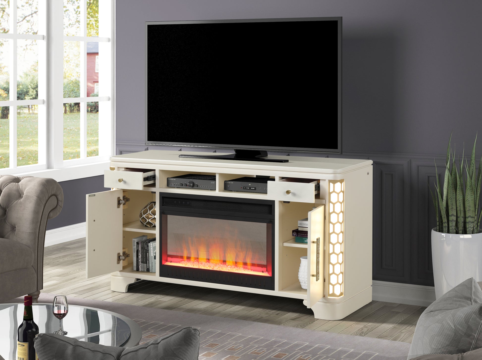 Jasmine Tv Stand With Electric Fireplace In Beige Beige Primary Living Space Modern Acacia Upholstered Wood Electric