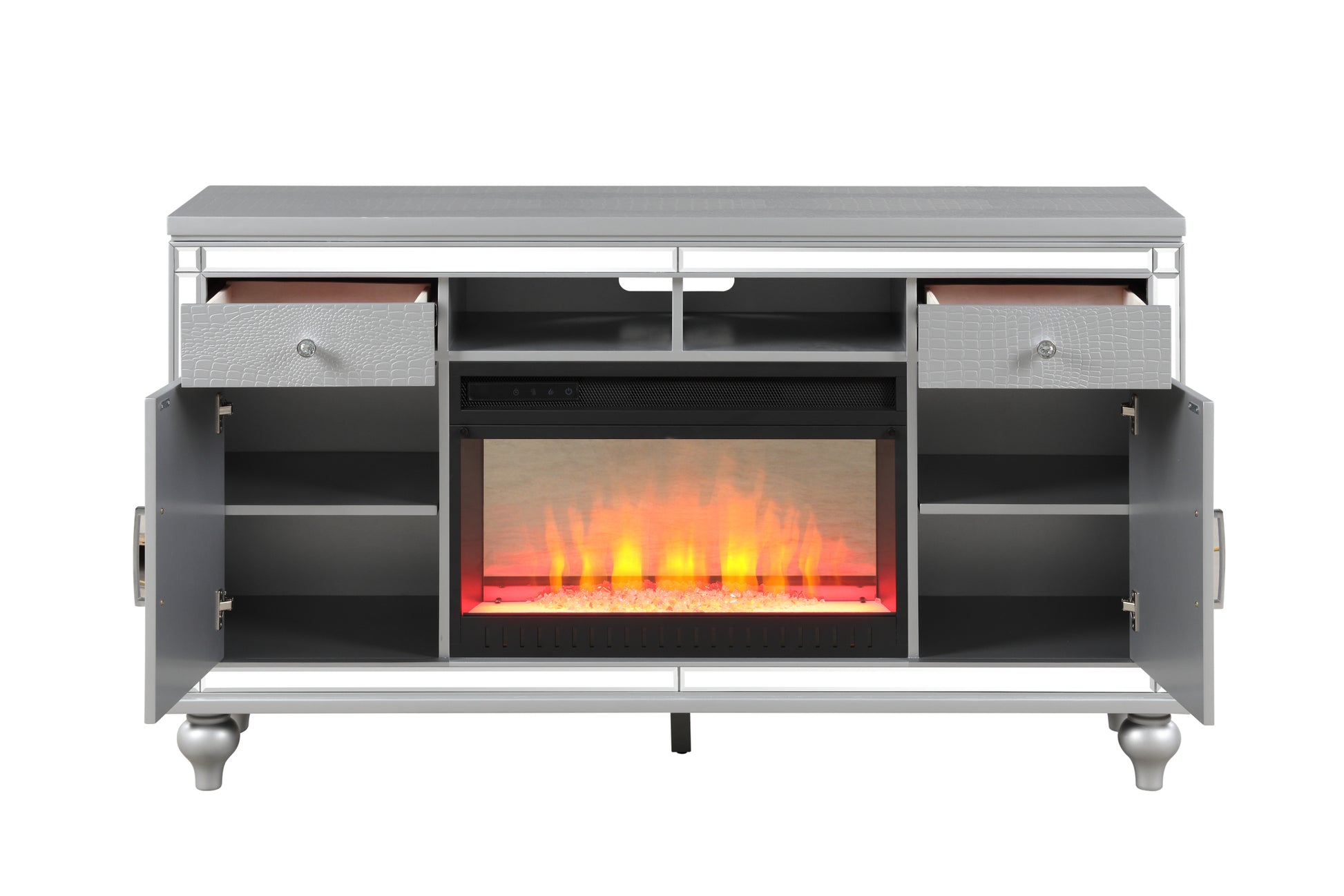 Sterling Tv Stand With Electric Fireplace In Silver Silver Solid Wood