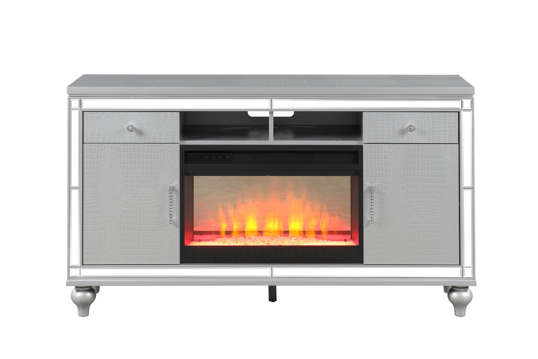 Sterling Tv Stand With Electric Fireplace In Silver Silver Solid Wood
