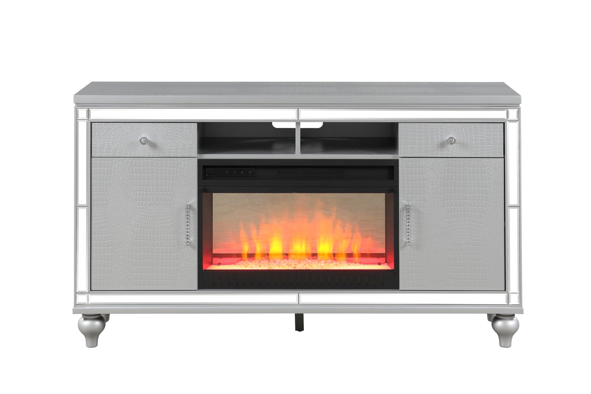 Sterling Tv Stand With Electric Fireplace In Silver Silver Solid Wood