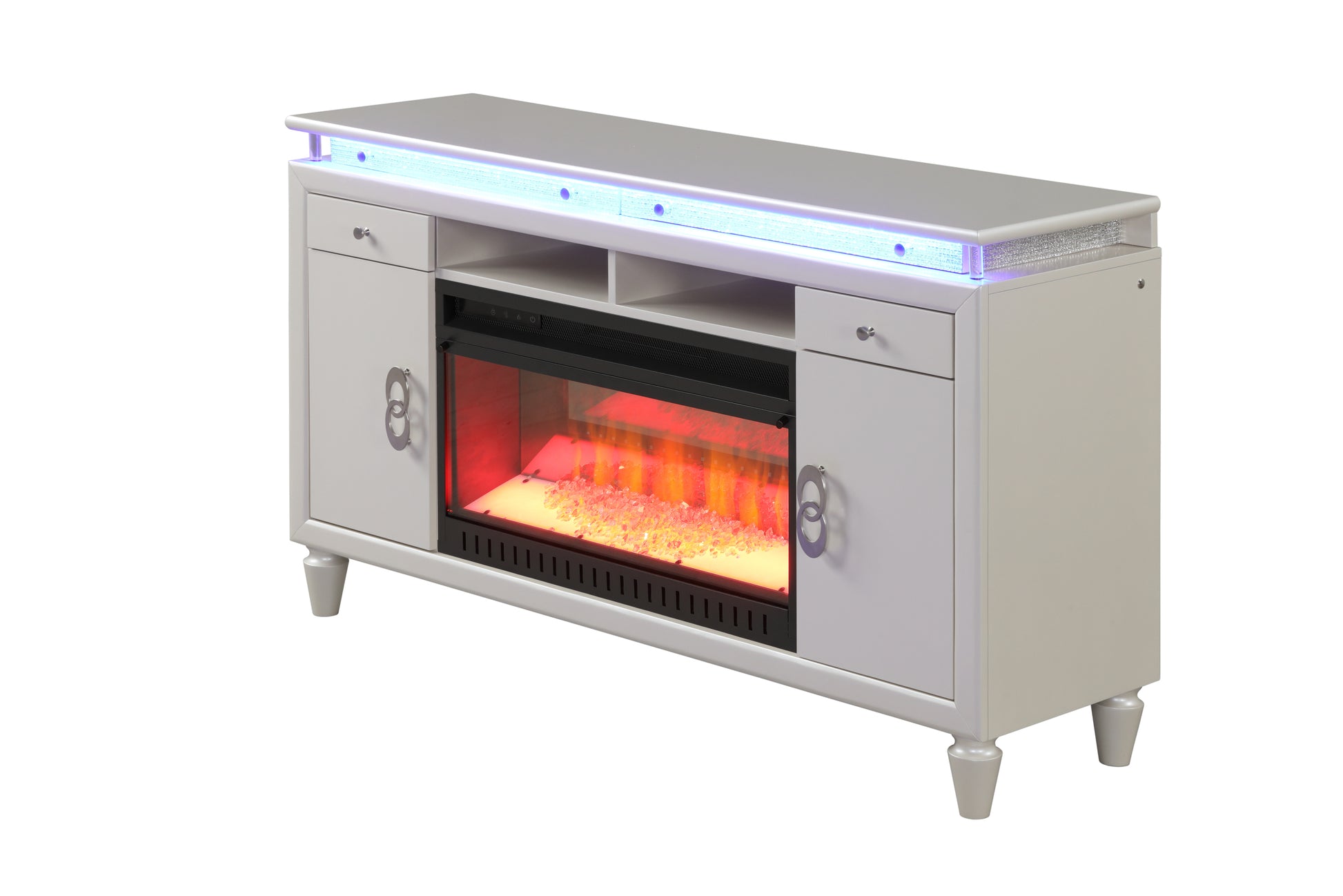 Perla Tv Stand With Electric Fireplace In Milky White White Solid Wood