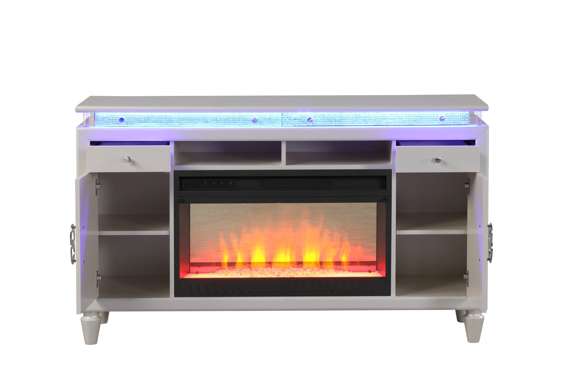 Perla Tv Stand With Electric Fireplace In Milky White White Solid Wood