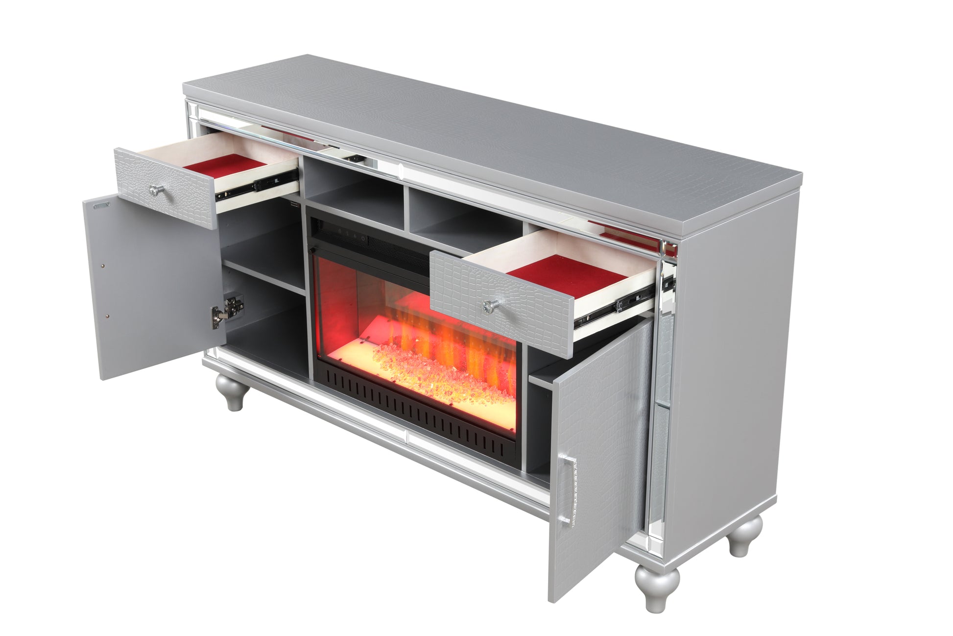 Sterling Tv Stand With Electric Fireplace In Silver Silver Solid Wood