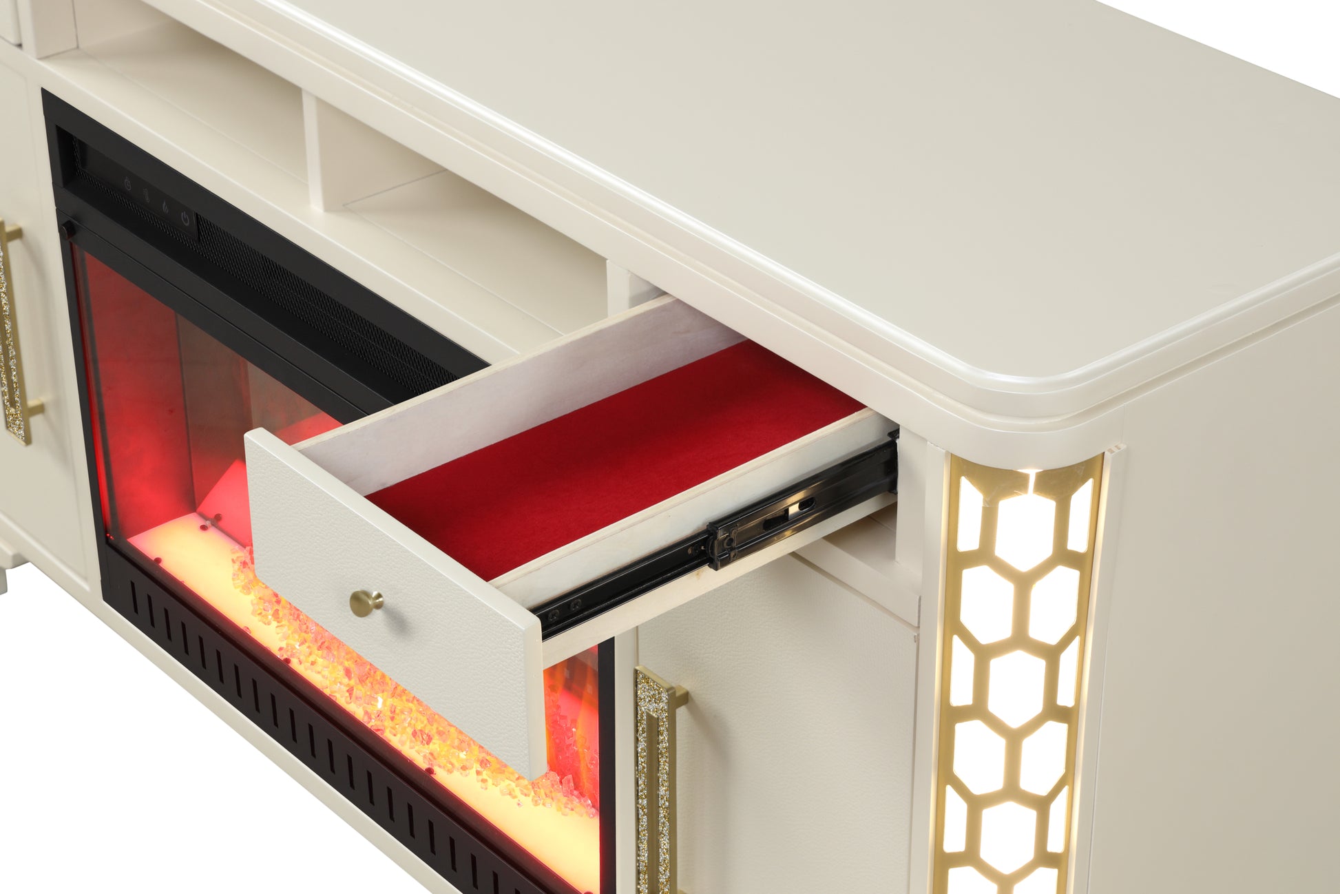 Jasmine Tv Stand With Electric Fireplace In Beige Beige Primary Living Space Modern Acacia Upholstered Wood Electric