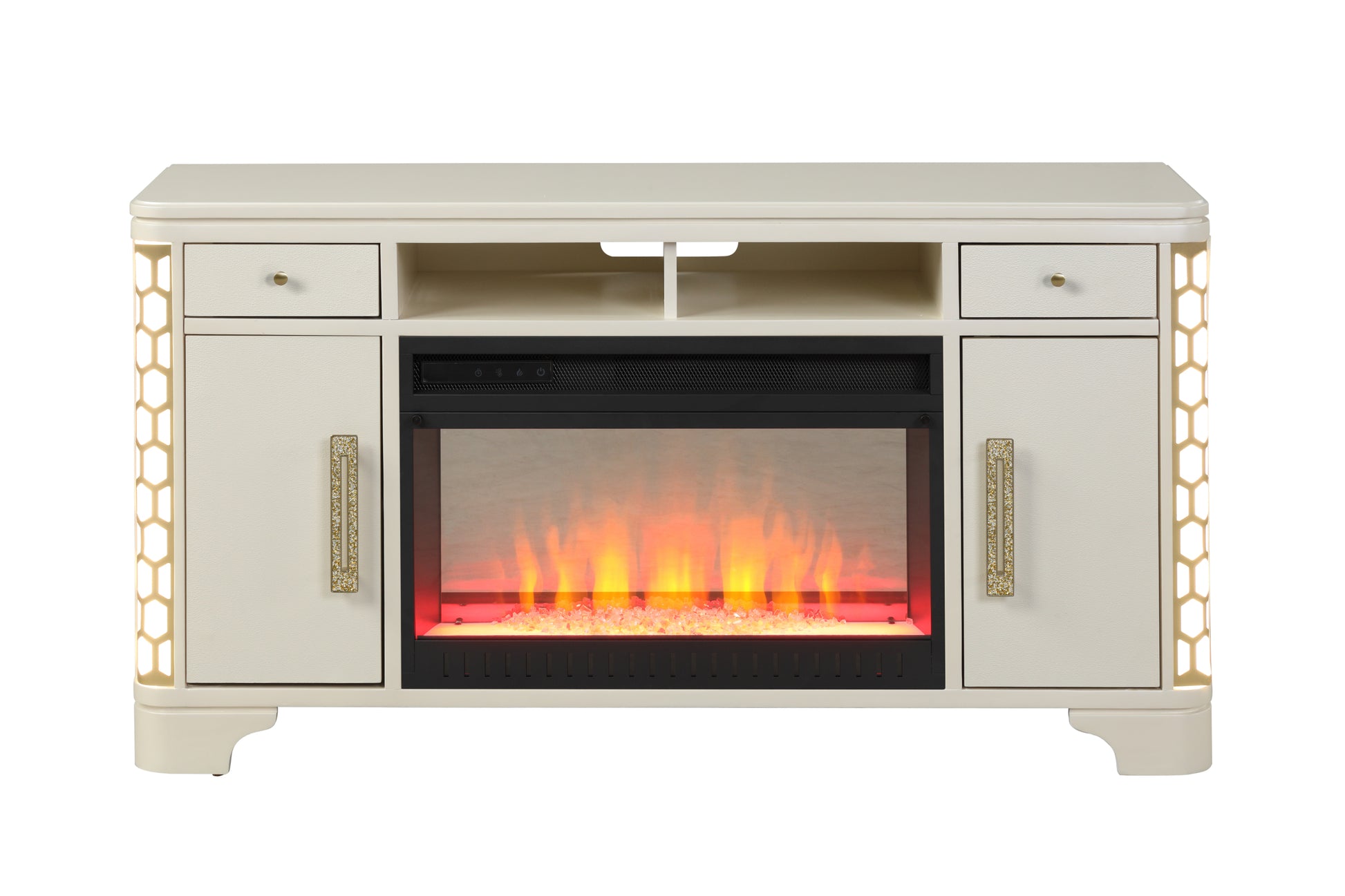 Jasmine Tv Stand With Electric Fireplace In Beige Beige Primary Living Space Modern Acacia Upholstered Wood Electric