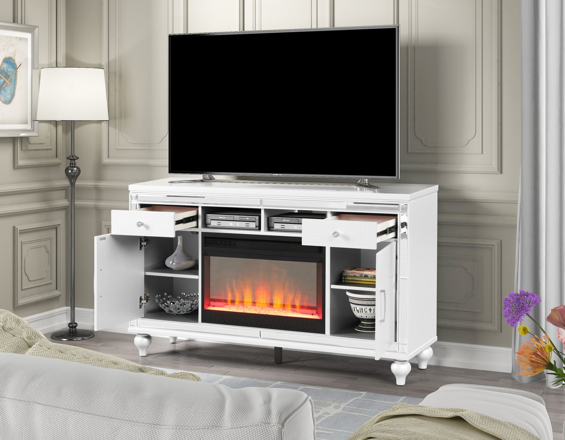 Sterling Tv Stand With Electric Fireplace In White White Solid Wood