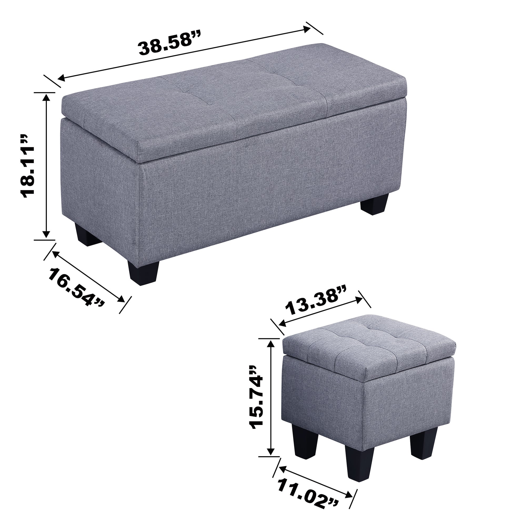 Video Large Storage Ottoman Bench Set, 3 In 1 Combination Ottoman, Tufted Ottoman Linen Bench For Living Room, Entryway, Hallway, Bedroom Support 250Lbs Gray Fabric