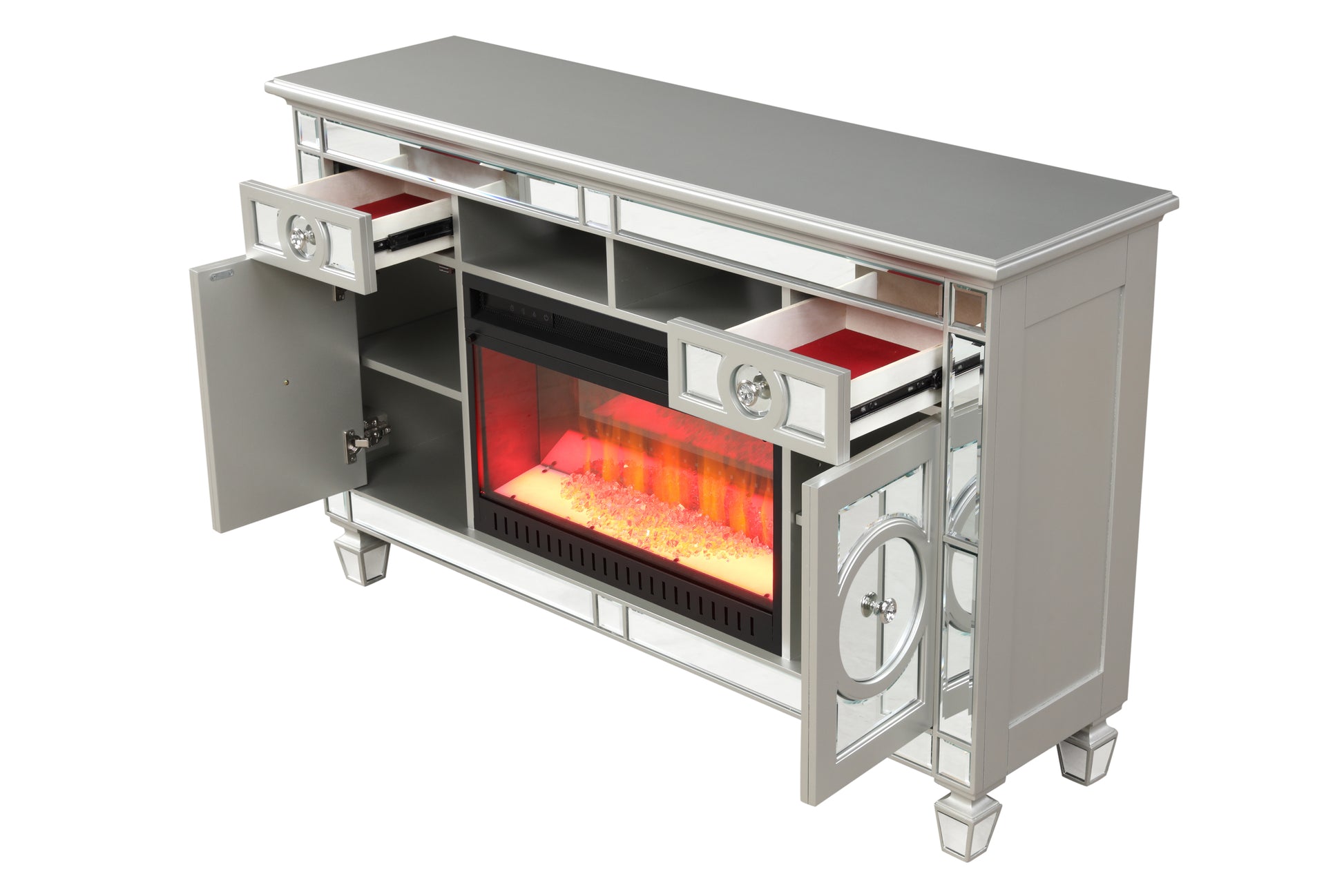 Symphony Tv Stand With Electric Fireplace In Silver Silver Solid Wood