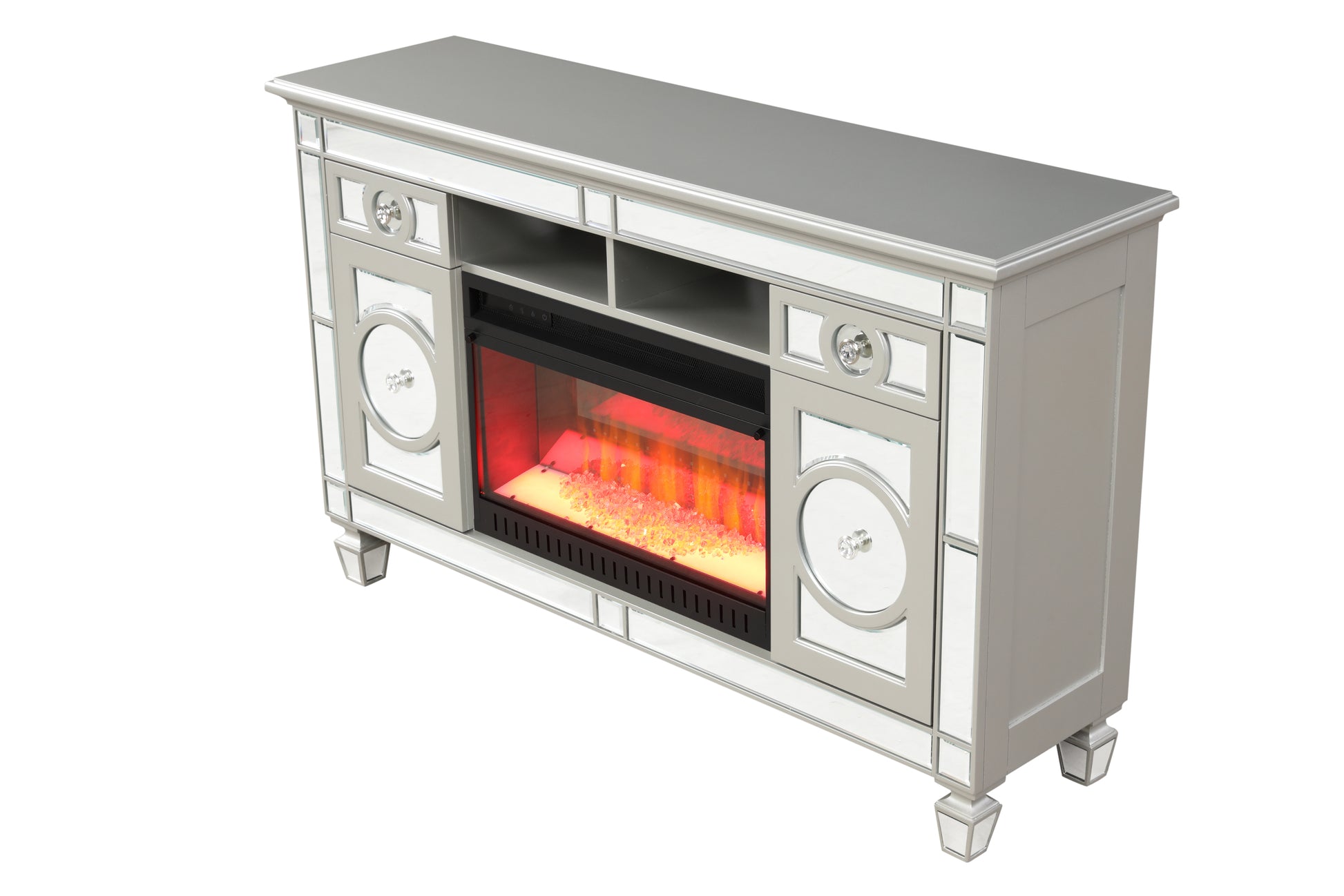 Symphony Tv Stand With Electric Fireplace In Silver Silver Solid Wood