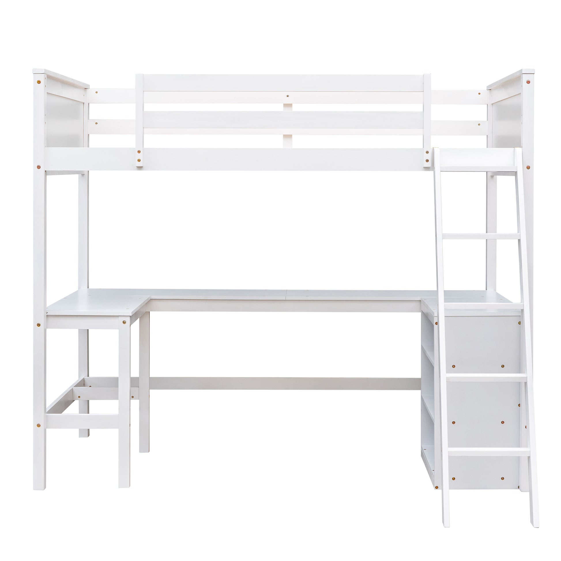 Twin Size Loft Bed With Shelves And Desk, Wooden Loft Bed With Desk White Old Sku:Lt000537Aak Twin White Solid Wood