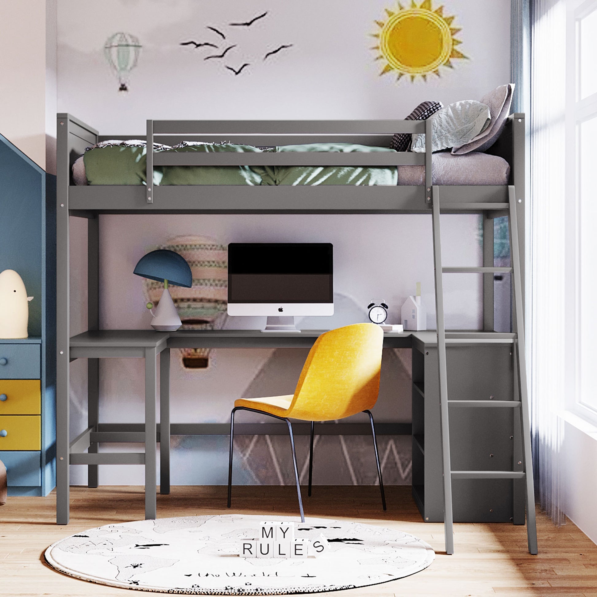 Twin Size Loft Bed With Shelves And Desk, Wooden Loft Bed With Desk Gray Old Sku:Lt000537Aae Twin Gray Solid Wood