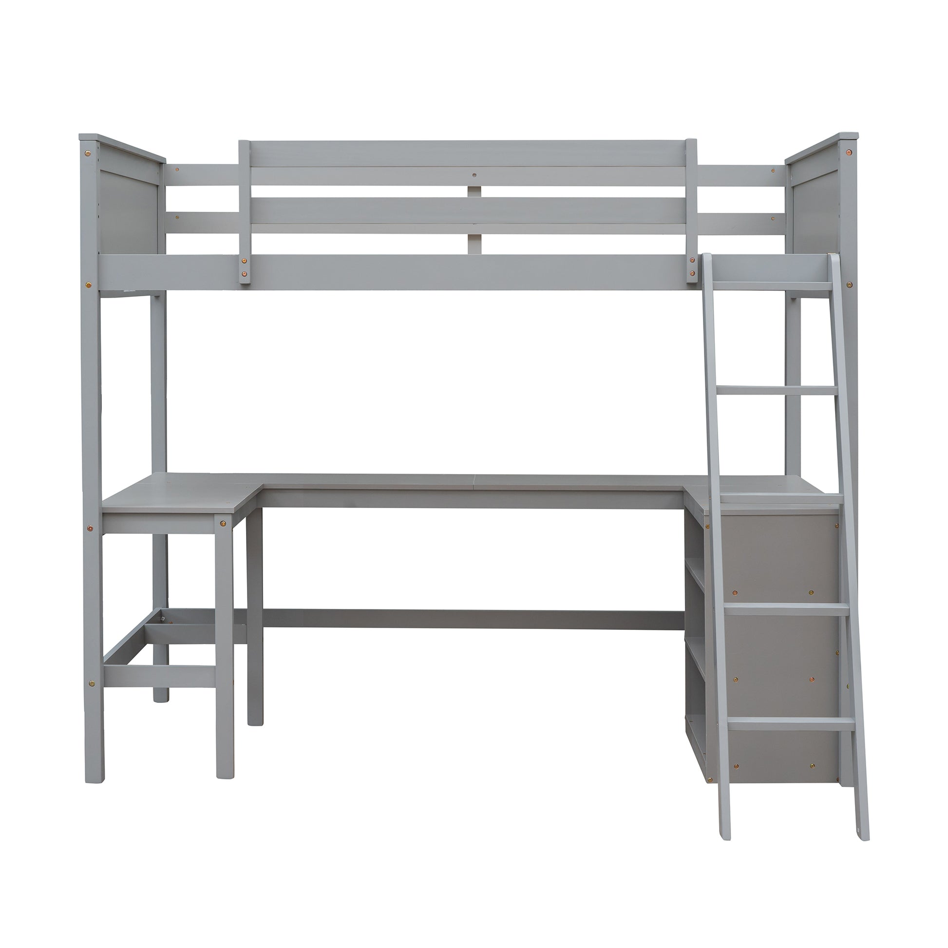 Twin Size Loft Bed With Shelves And Desk, Wooden Loft Bed With Desk Gray Old Sku:Lt000537Aae Twin Gray Solid Wood