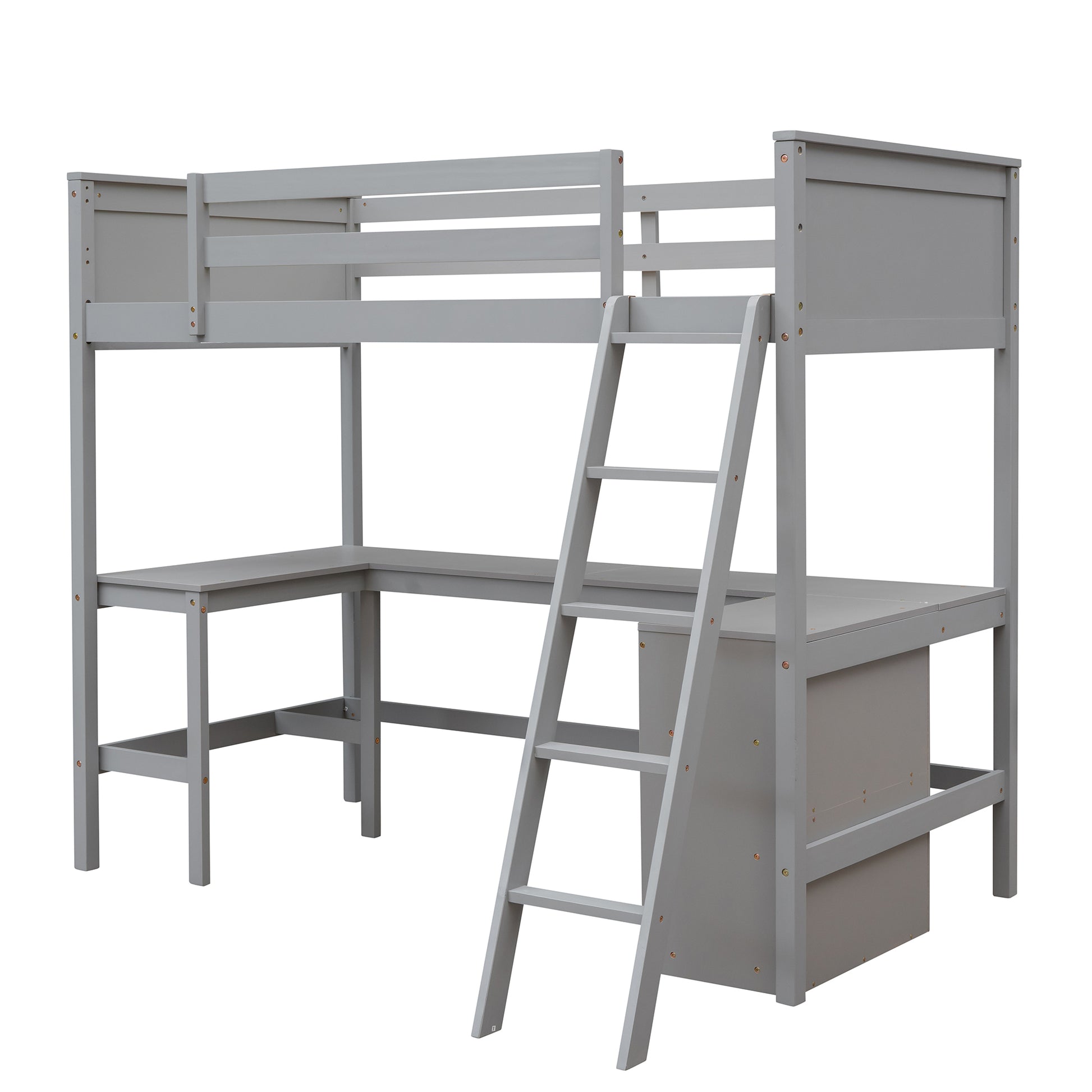 Twin Size Loft Bed With Shelves And Desk, Wooden Loft Bed With Desk Gray Old Sku:Lt000537Aae Twin Gray Solid Wood