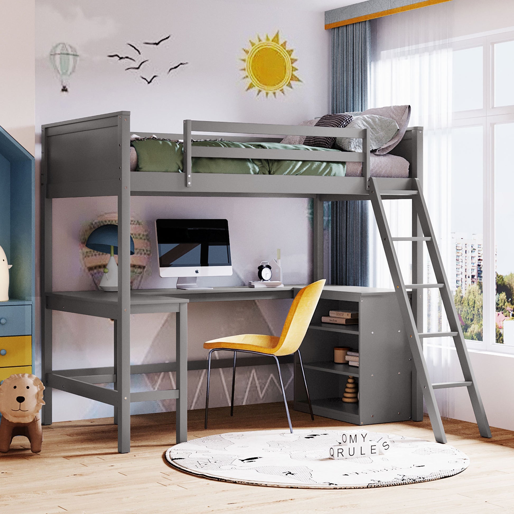 Twin Size Loft Bed With Shelves And Desk, Wooden Loft Bed With Desk Gray Old Sku:Lt000537Aae Twin Gray Solid Wood