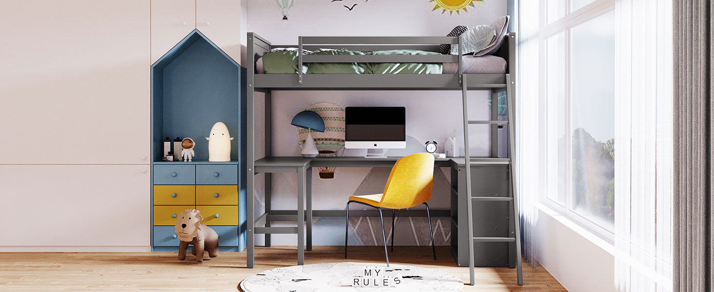 Twin Size Loft Bed With Shelves And Desk, Wooden Loft Bed With Desk Gray Old Sku:Lt000537Aae Twin Gray Solid Wood