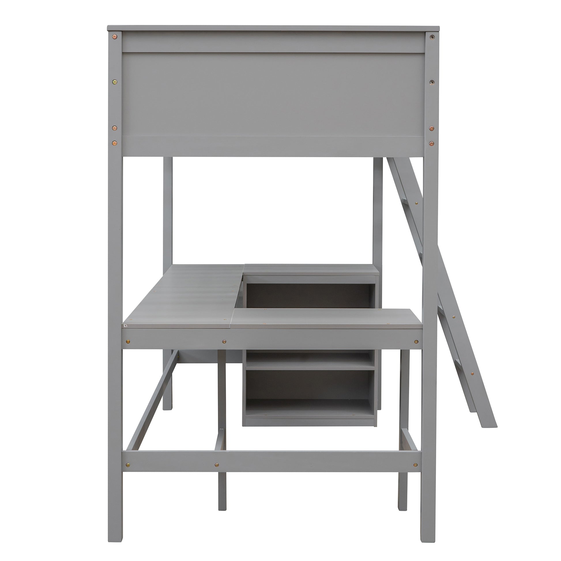 Twin Size Loft Bed With Shelves And Desk, Wooden Loft Bed With Desk Gray Old Sku:Lt000537Aae Twin Gray Solid Wood