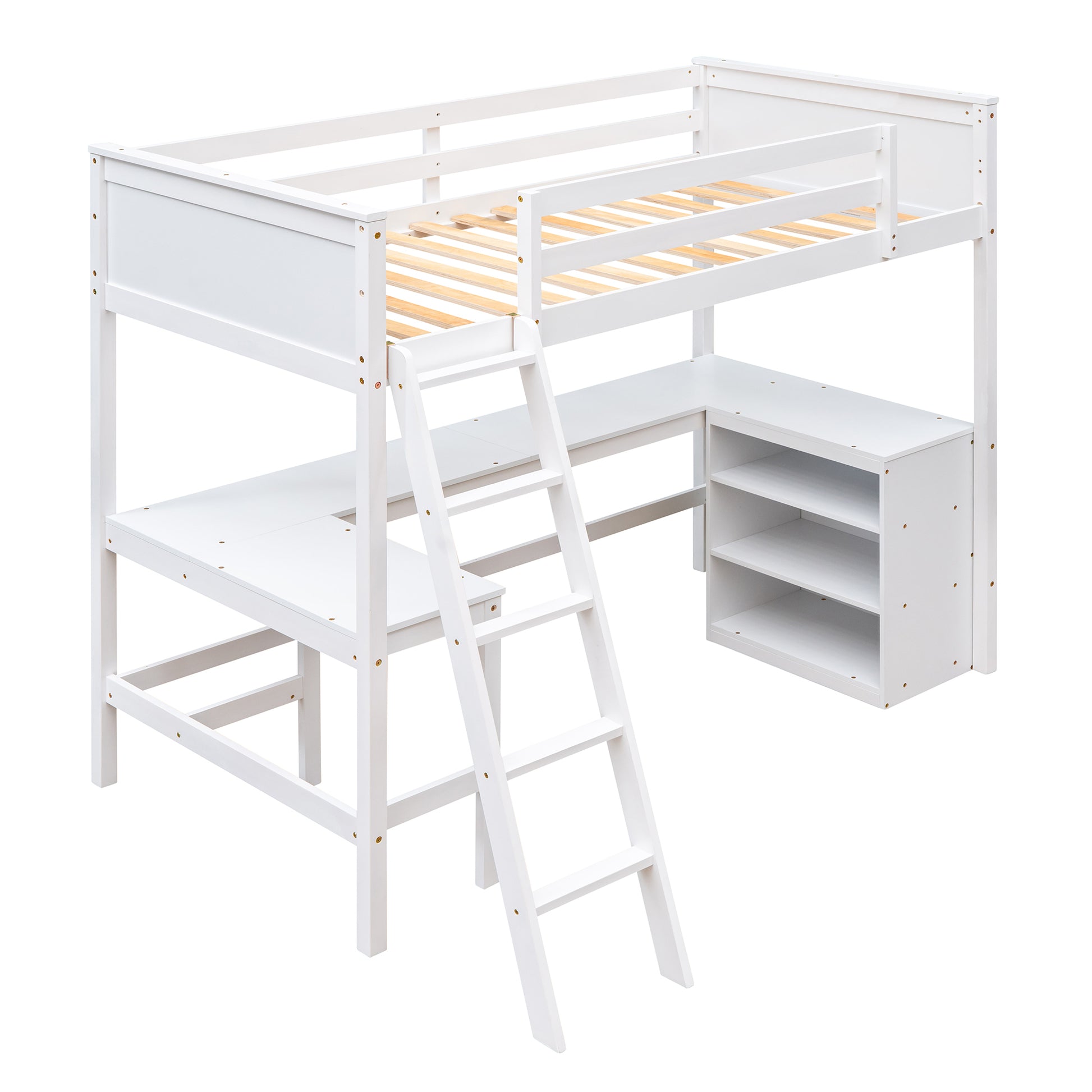 Twin Size Loft Bed With Shelves And Desk, Wooden Loft Bed With Desk White Old Sku:Lt000537Aak Twin White Solid Wood