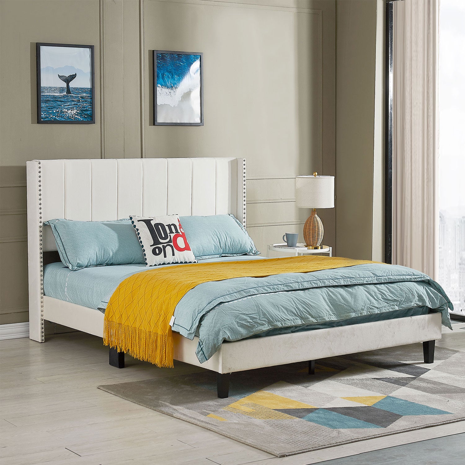 Queen Bed Frame Velvet Upholstered Bed Frame With Vertical Channel Tufted Headboard Beige Beige Solid Wood