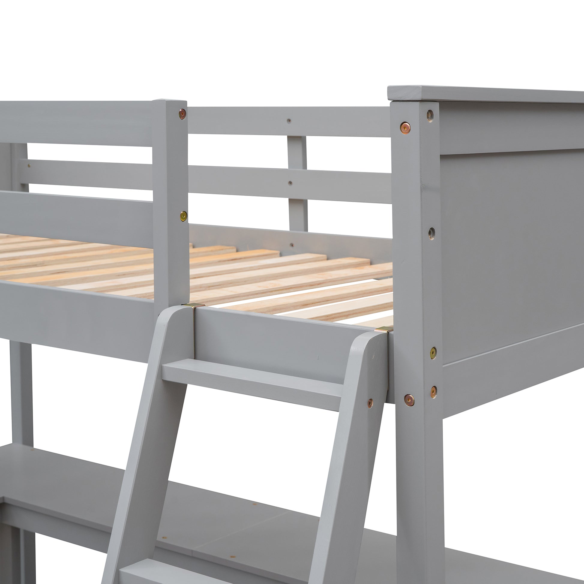 Twin Size Loft Bed With Shelves And Desk, Wooden Loft Bed With Desk Gray Old Sku:Lt000537Aae Twin Gray Solid Wood