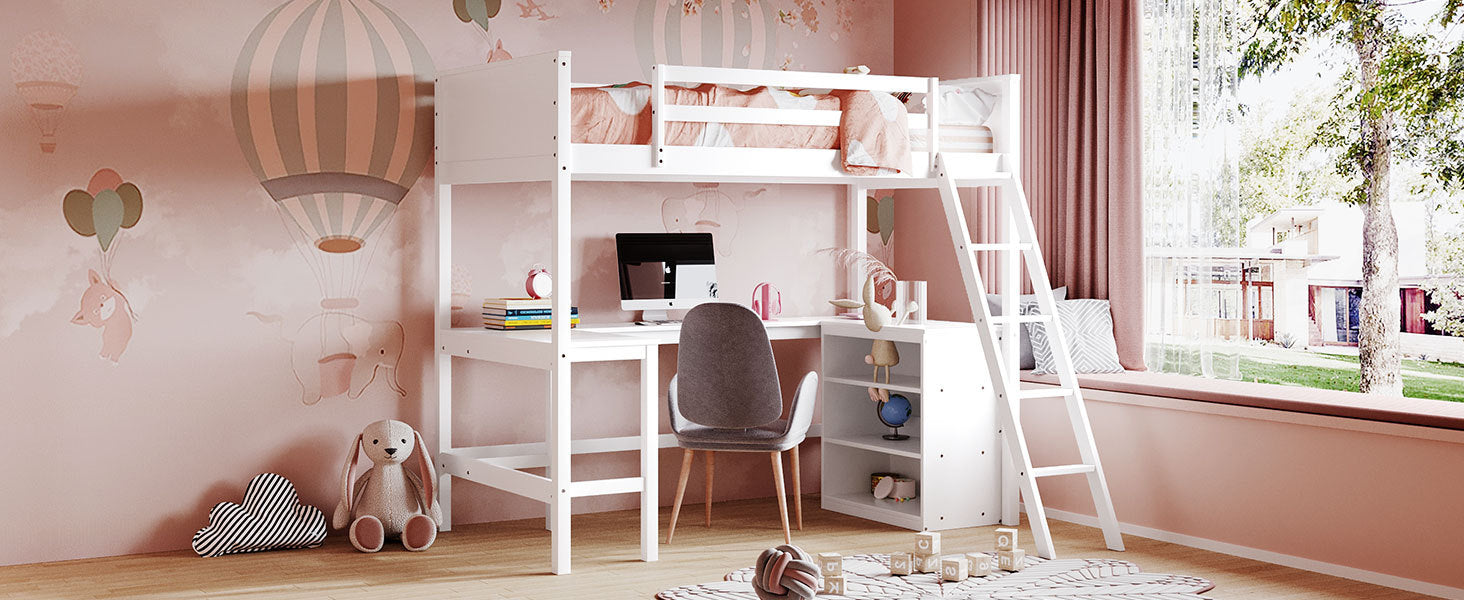 Twin Size Loft Bed With Shelves And Desk, Wooden Loft Bed With Desk White Old Sku:Lt000537Aak Twin White Solid Wood