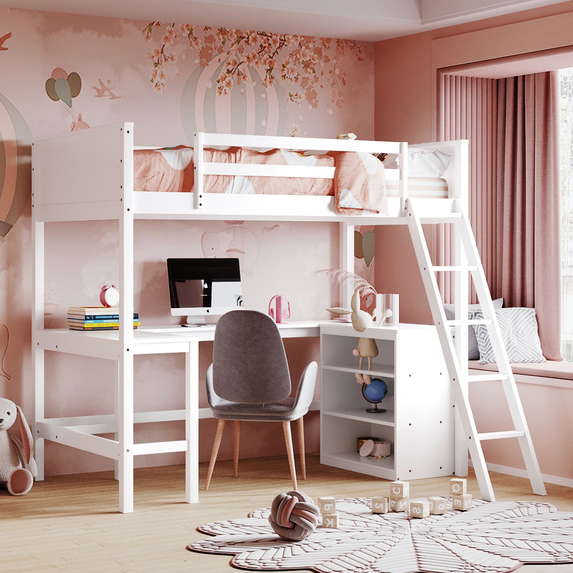 Twin Size Loft Bed With Shelves And Desk, Wooden Loft Bed With Desk White Old Sku:Lt000537Aak Twin White Solid Wood