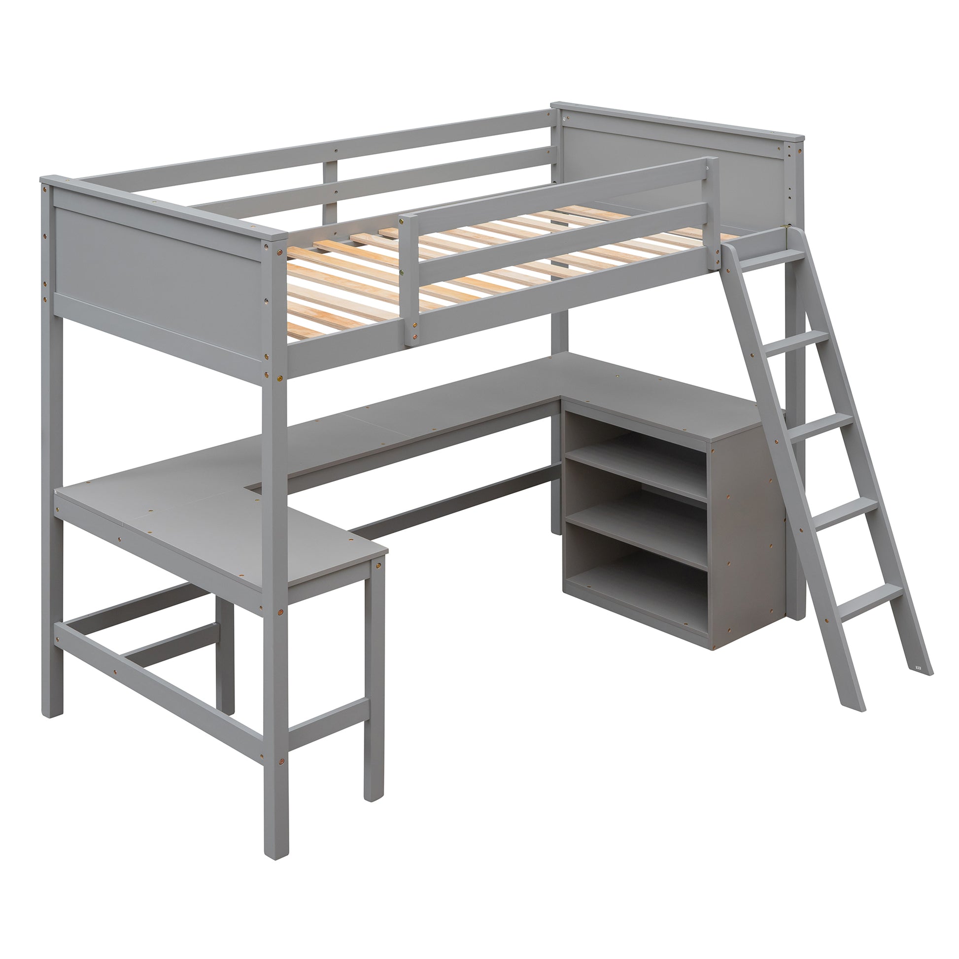 Twin Size Loft Bed With Shelves And Desk, Wooden Loft Bed With Desk Gray Old Sku:Lt000537Aae Twin Gray Solid Wood