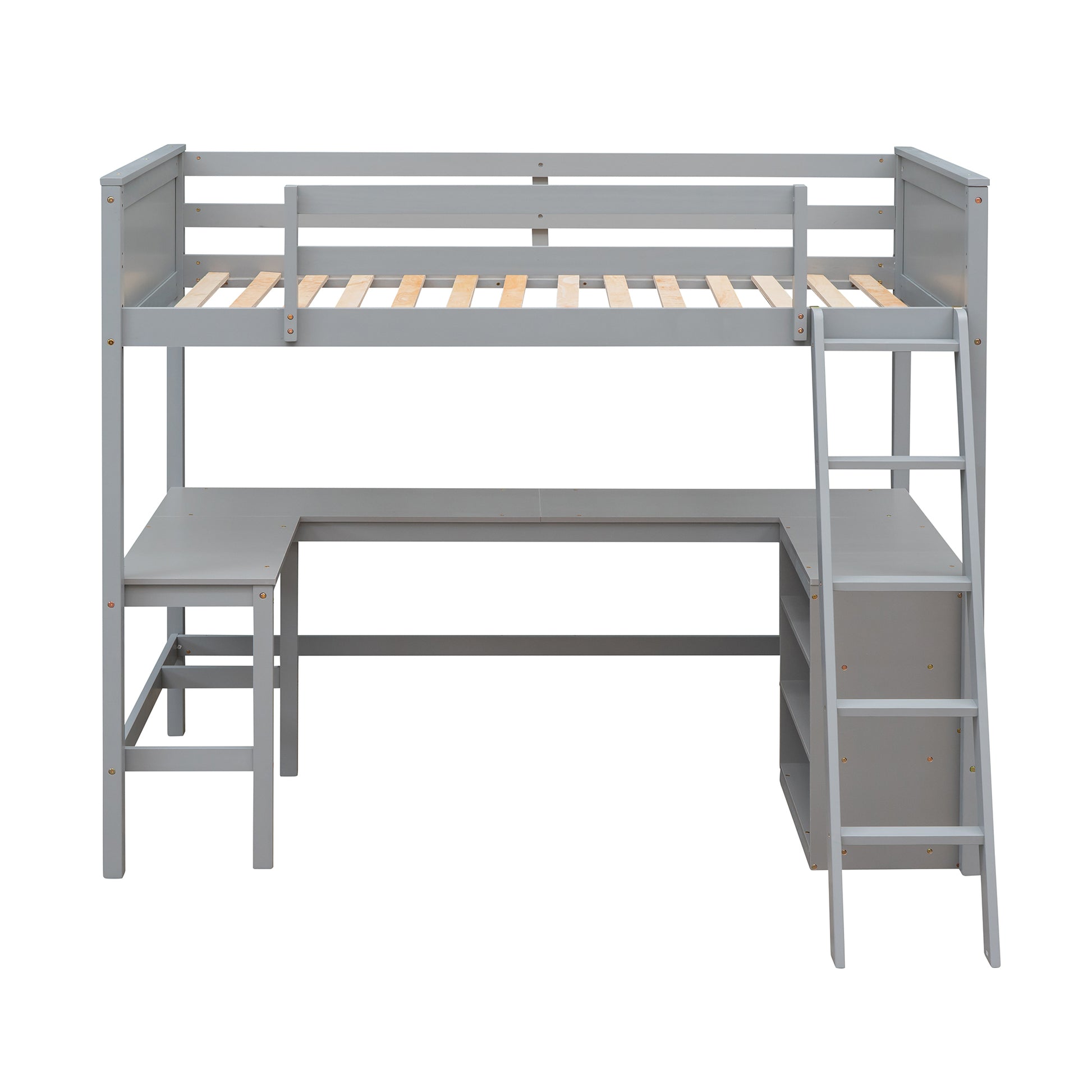 Twin Size Loft Bed With Shelves And Desk, Wooden Loft Bed With Desk Gray Old Sku:Lt000537Aae Twin Gray Solid Wood