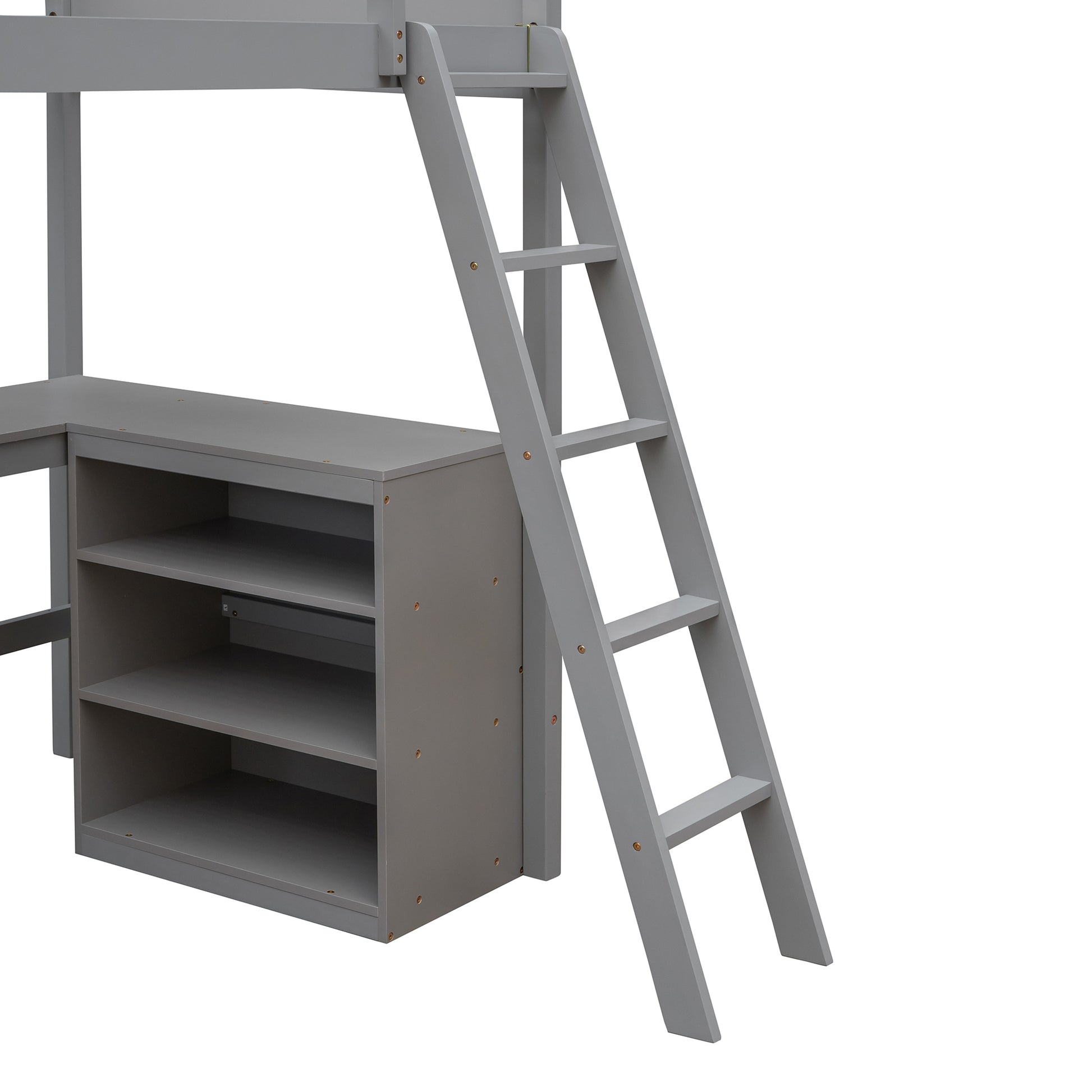 Twin Size Loft Bed With Shelves And Desk, Wooden Loft Bed With Desk Gray Old Sku:Lt000537Aae Twin Gray Solid Wood