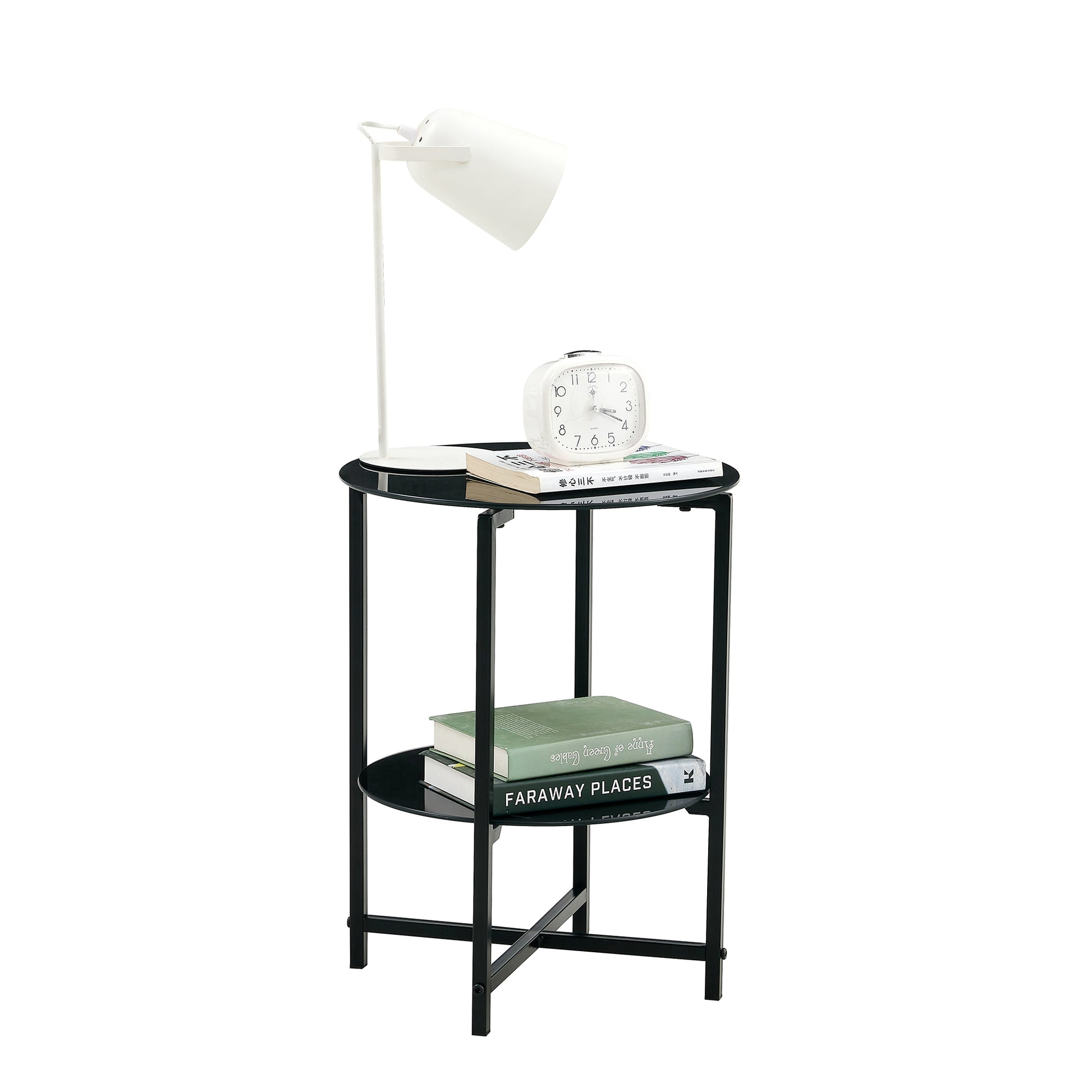 2 Piece Set Black Tempered Glass End Table, Round Coffee Table For Bedroom Living Room Office Black Glass