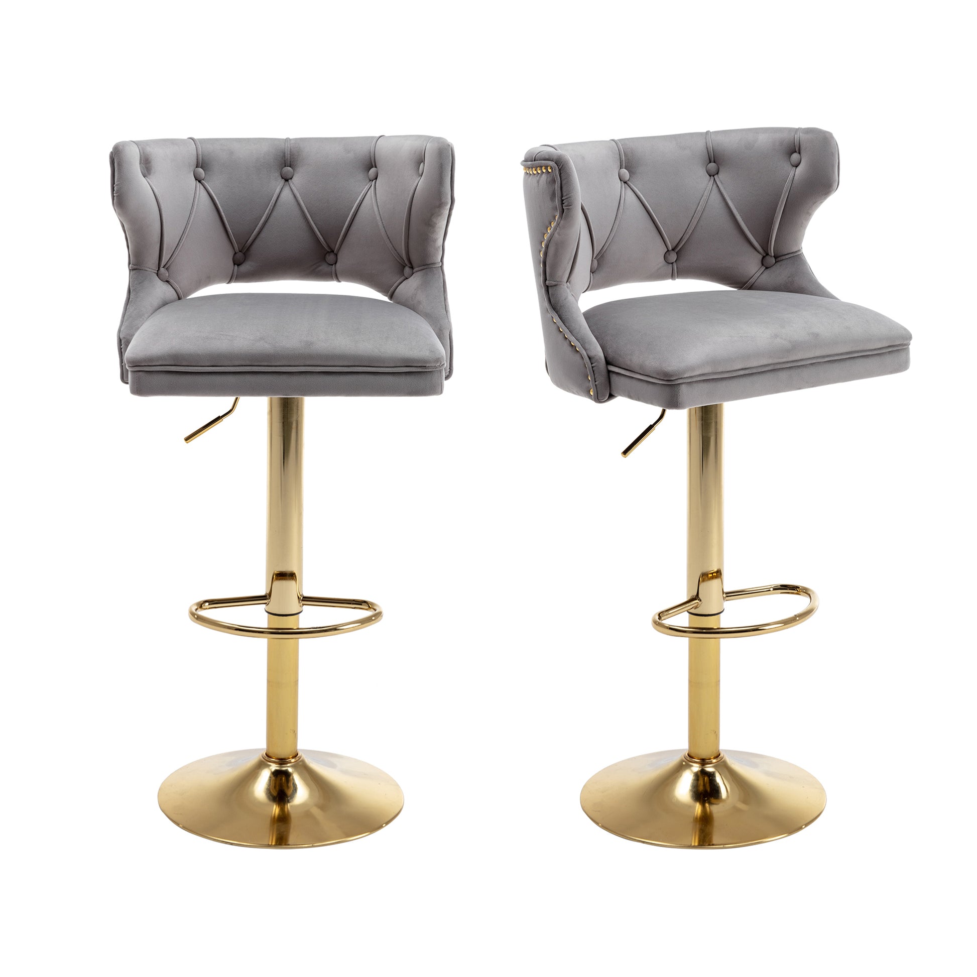 Bar Stools With Back And Footrest Counter Height Dining Chairs Velvet Grey 2Pcs Set Grey Upholstered