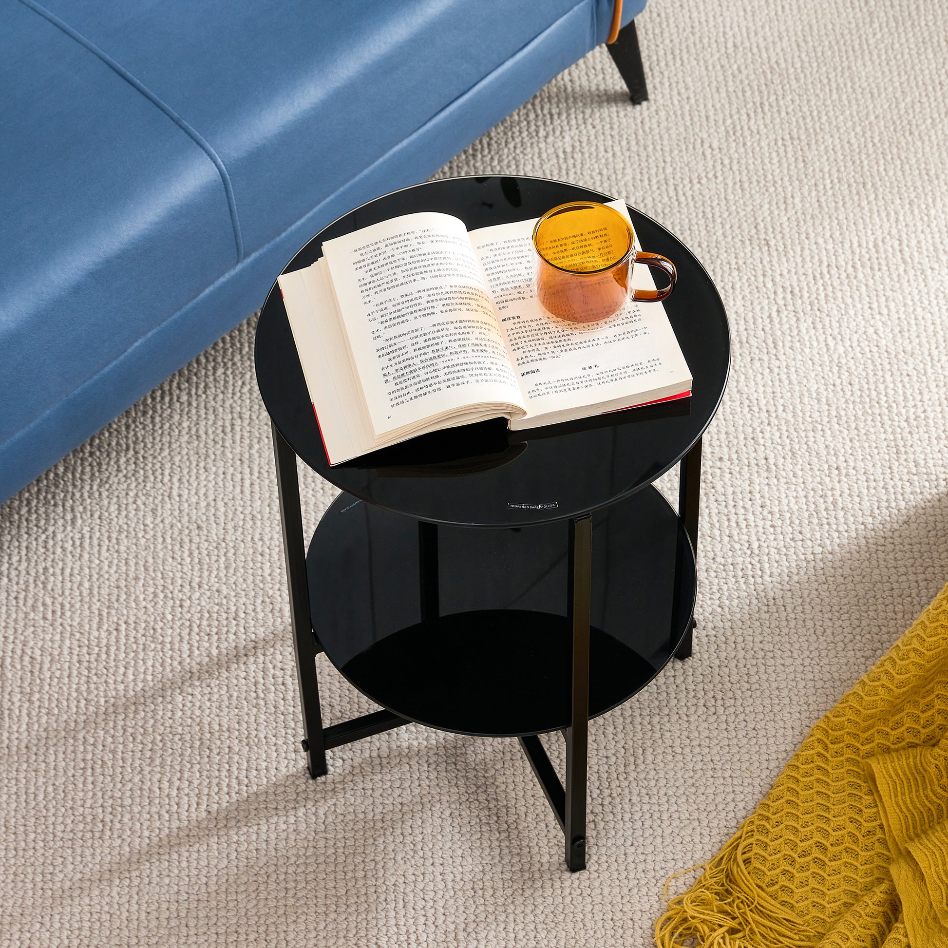 2 Piece Set Black Tempered Glass End Table, Round Coffee Table For Bedroom Living Room Office Black Glass