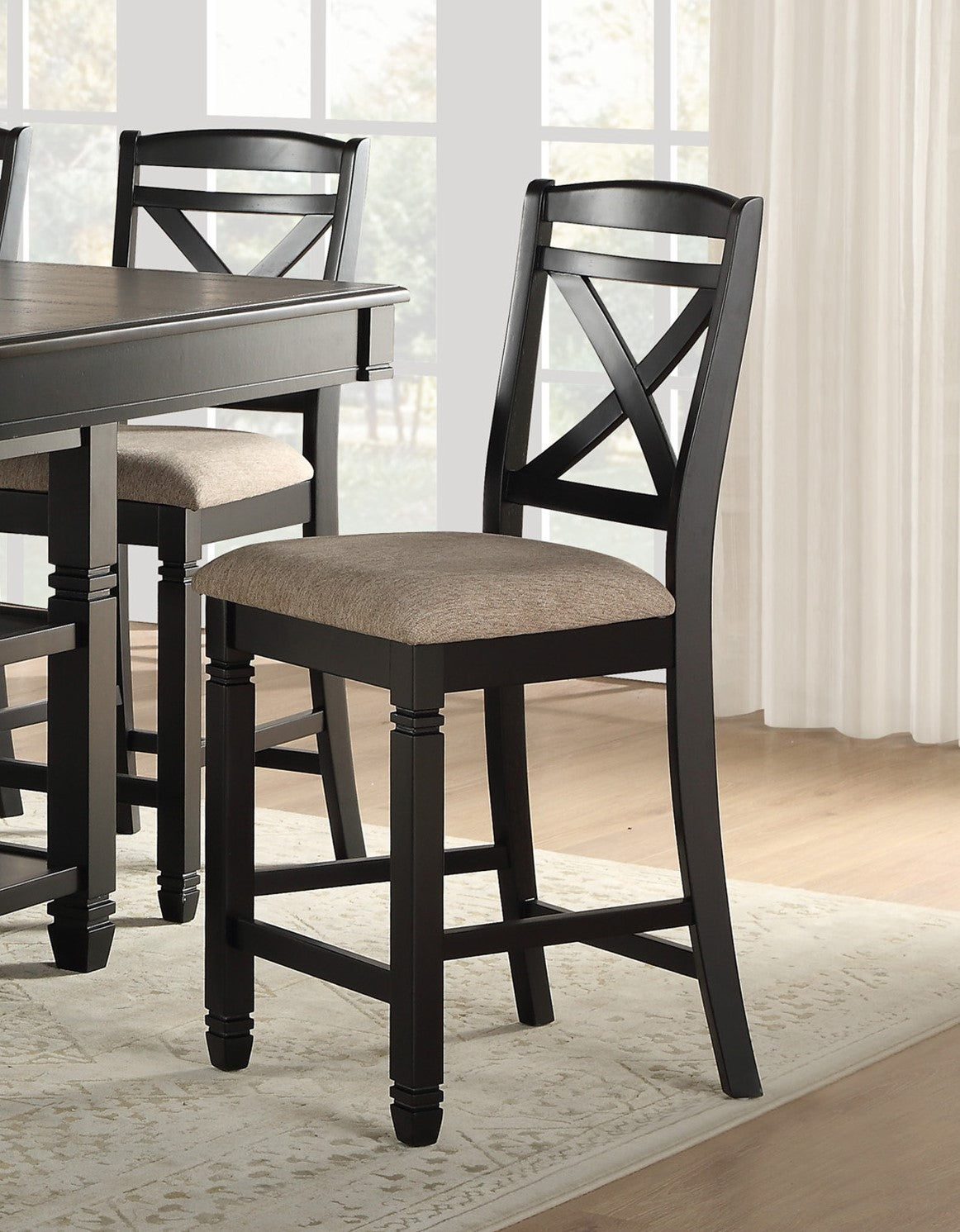 Transitional Style Dining Counter Height Chairs Set Of 2Pc Black Finish Wood Beige Fabric Seat Dining Room Furniture Black Dining Room Transitional Wood