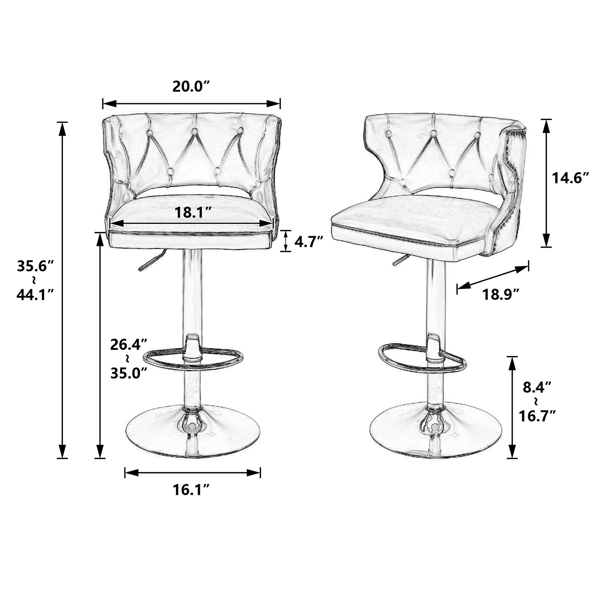 Bar Stools With Back And Footrest Counter Height Dining Chairs Velvet Grey 2Pcs Set Grey Upholstered