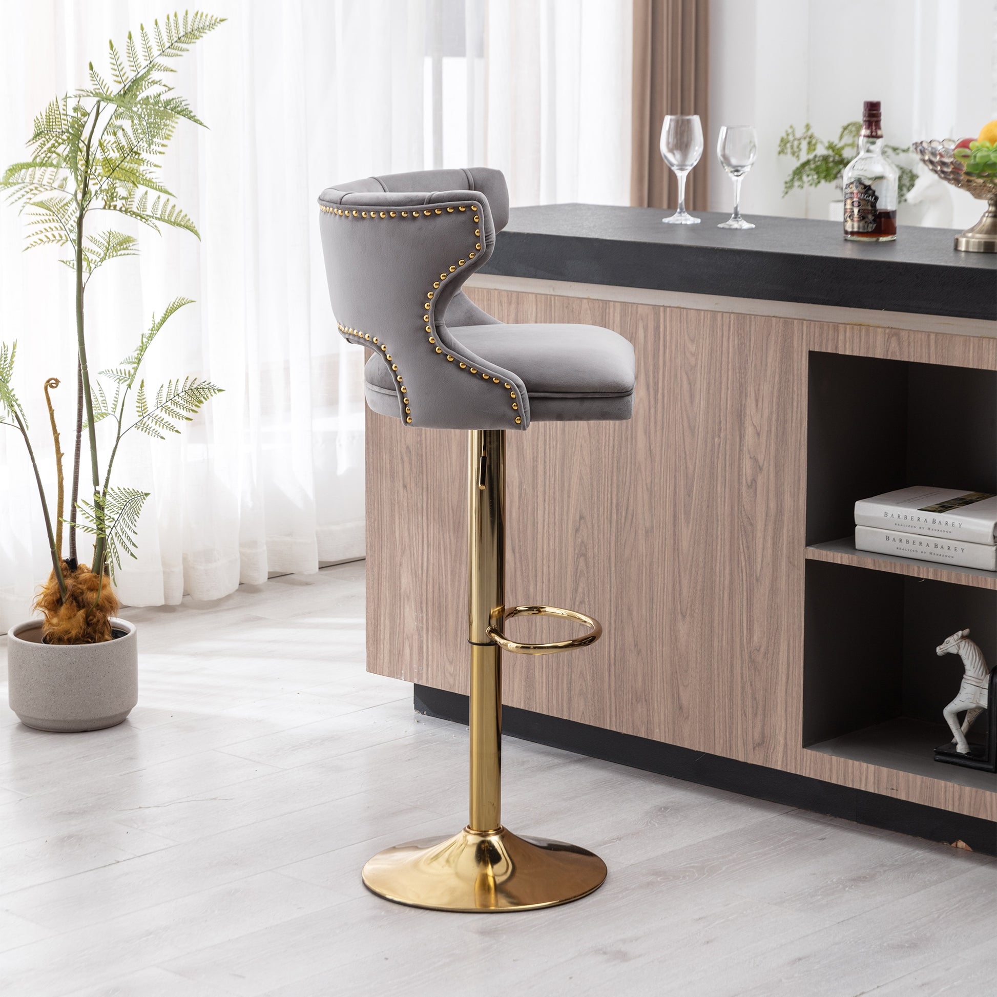 Bar Stools With Back And Footrest Counter Height Dining Chairs Velvet Grey 2Pcs Set Grey Upholstered