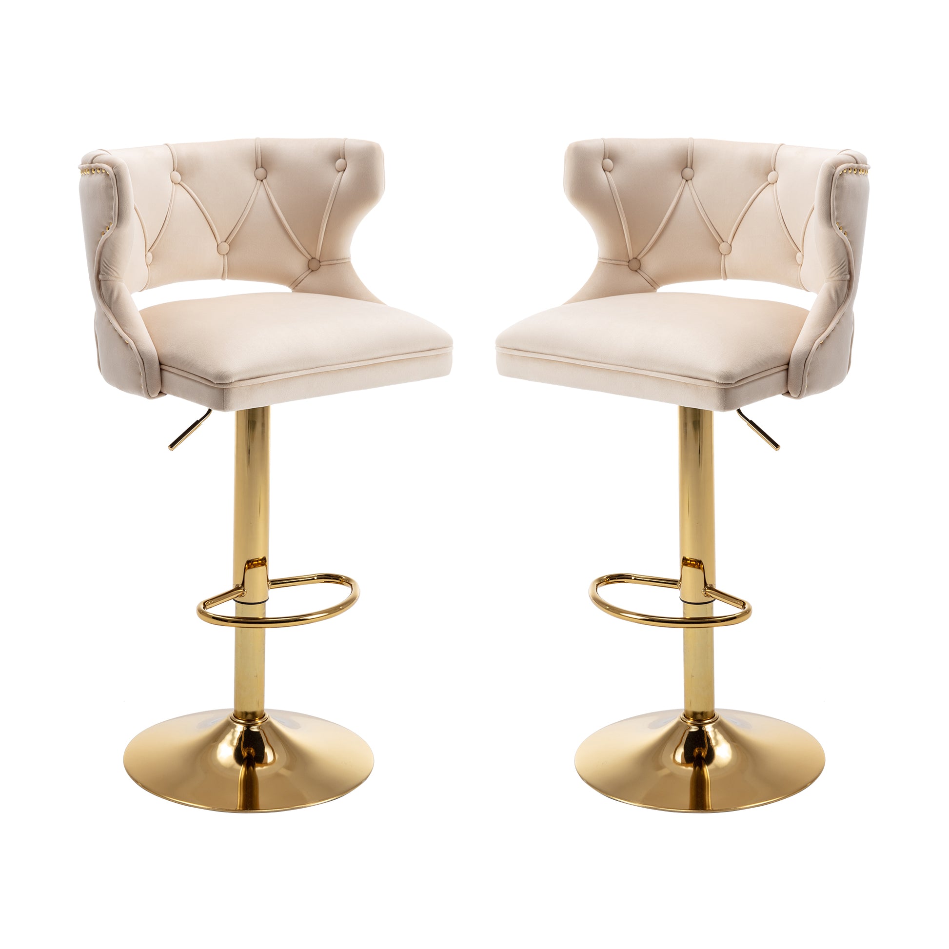 Bar Stools With Back And Footrest Counter Height Dining Chairs Velvet Beige 2Pcs Set Beige Upholstered