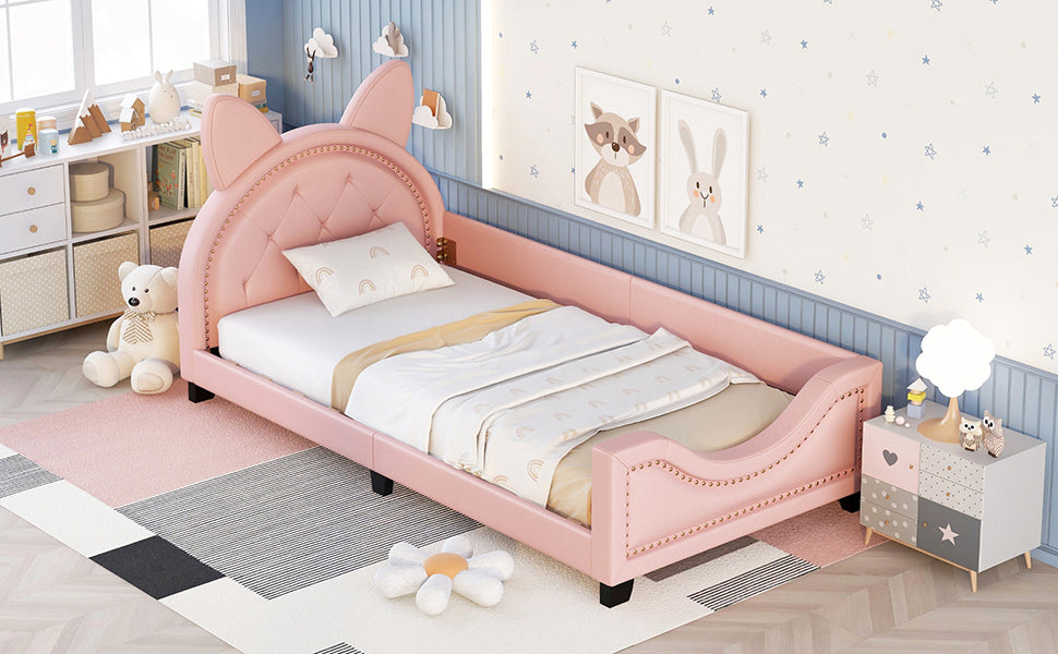 Twin Size Upholstered Daybed With Carton Ears Shaped Headboard, Pink Pink Pu Leather