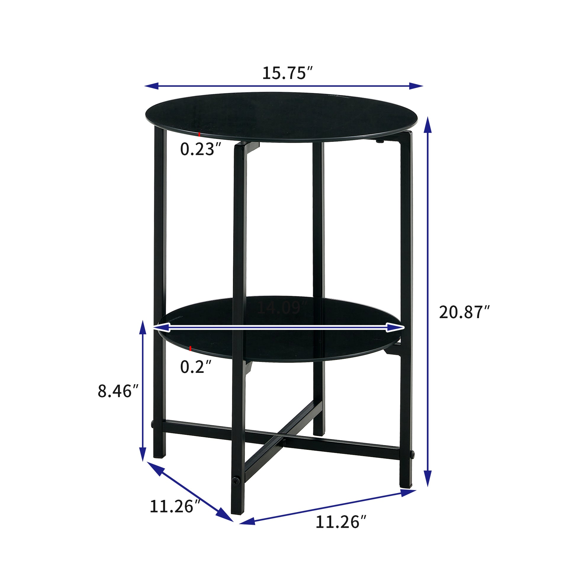 2 Piece Set Black Tempered Glass End Table, Round Coffee Table For Bedroom Living Room Office Black Glass
