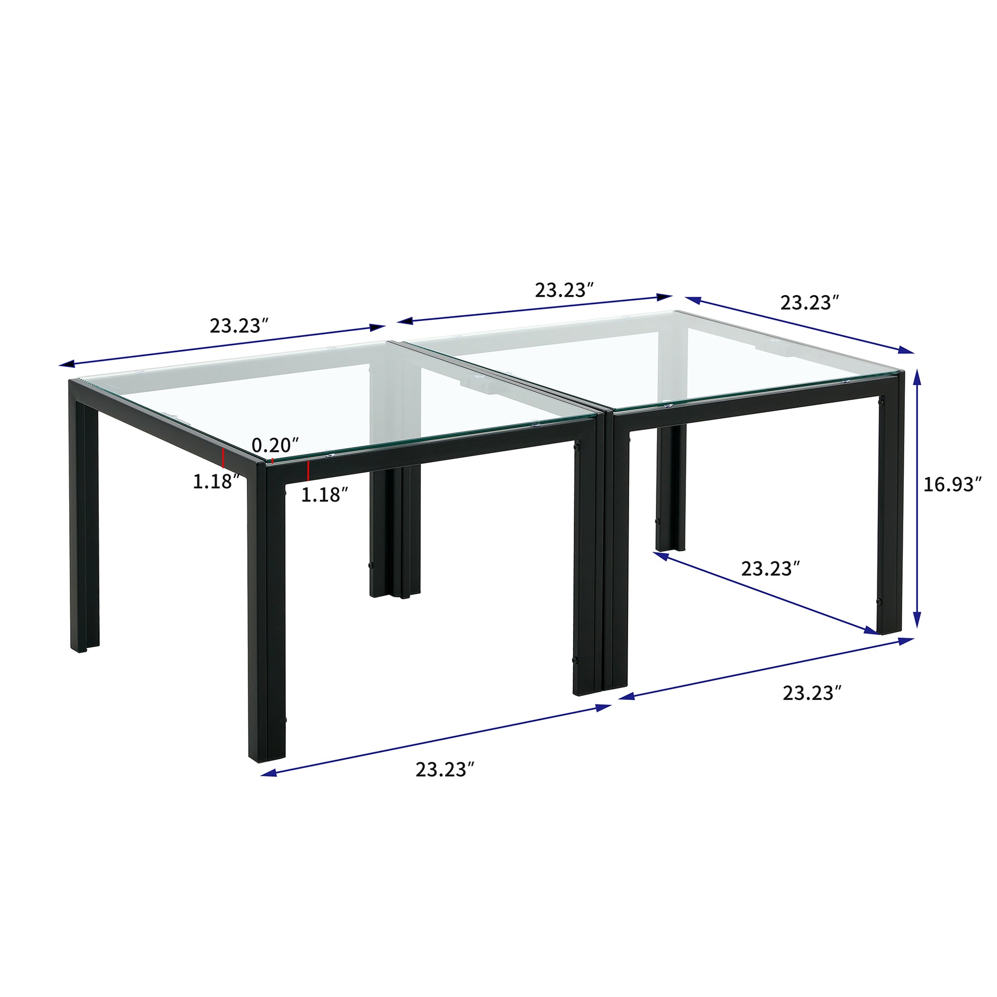 Coffee Table Set Of 2, Square Modern Table With Tempered Glass Finish For Living Room,Transparent Transparent Glass