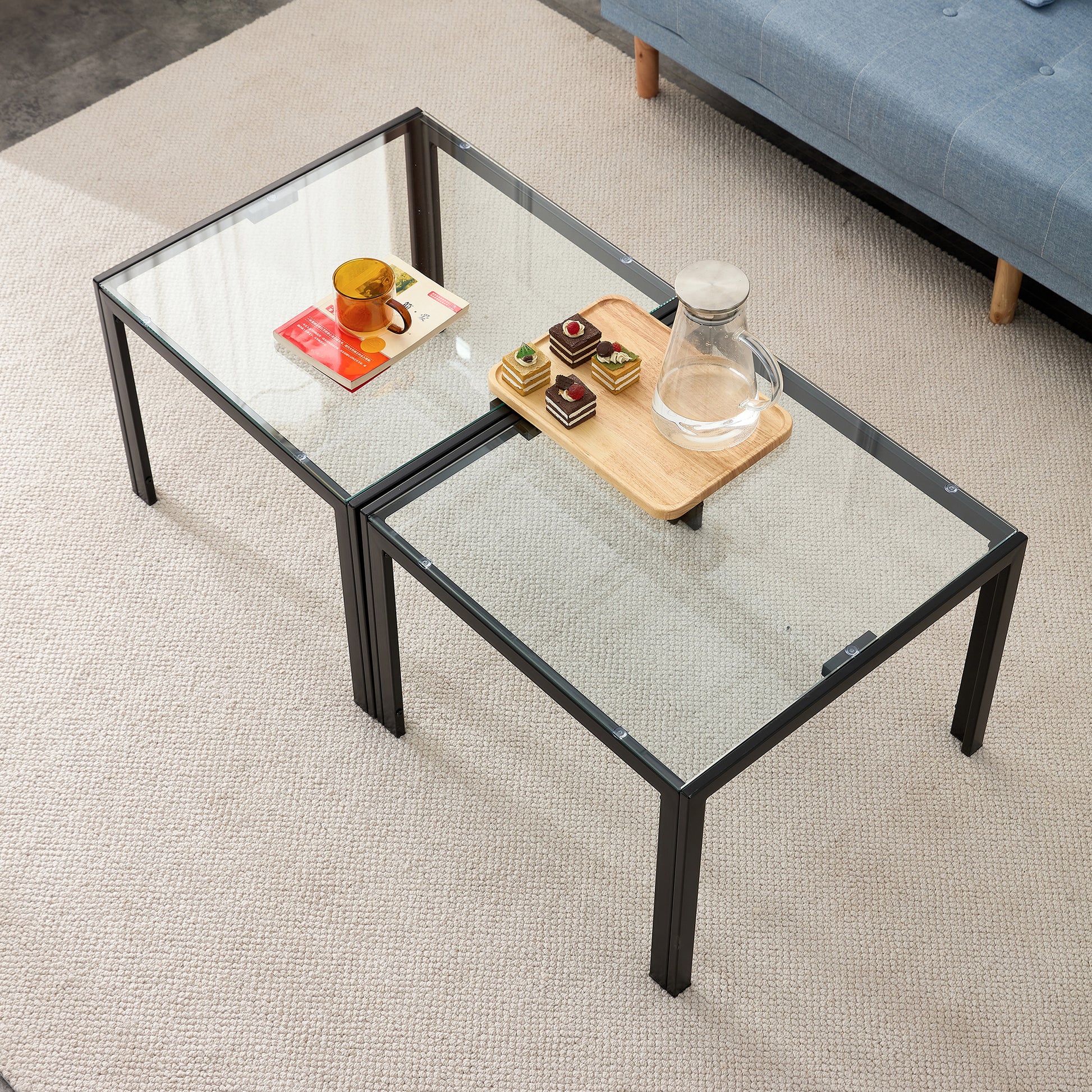 Coffee Table Set Of 2, Square Modern Table With Tempered Glass Finish For Living Room,Transparent Transparent Glass