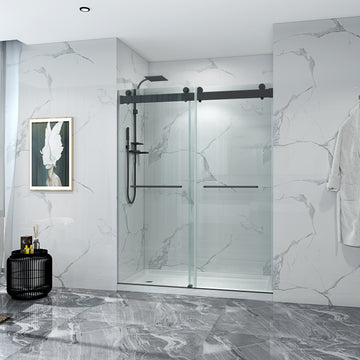 72*76" Double Sliding Frameless Shower Door Matte Black With Buffer Matte Black Glass